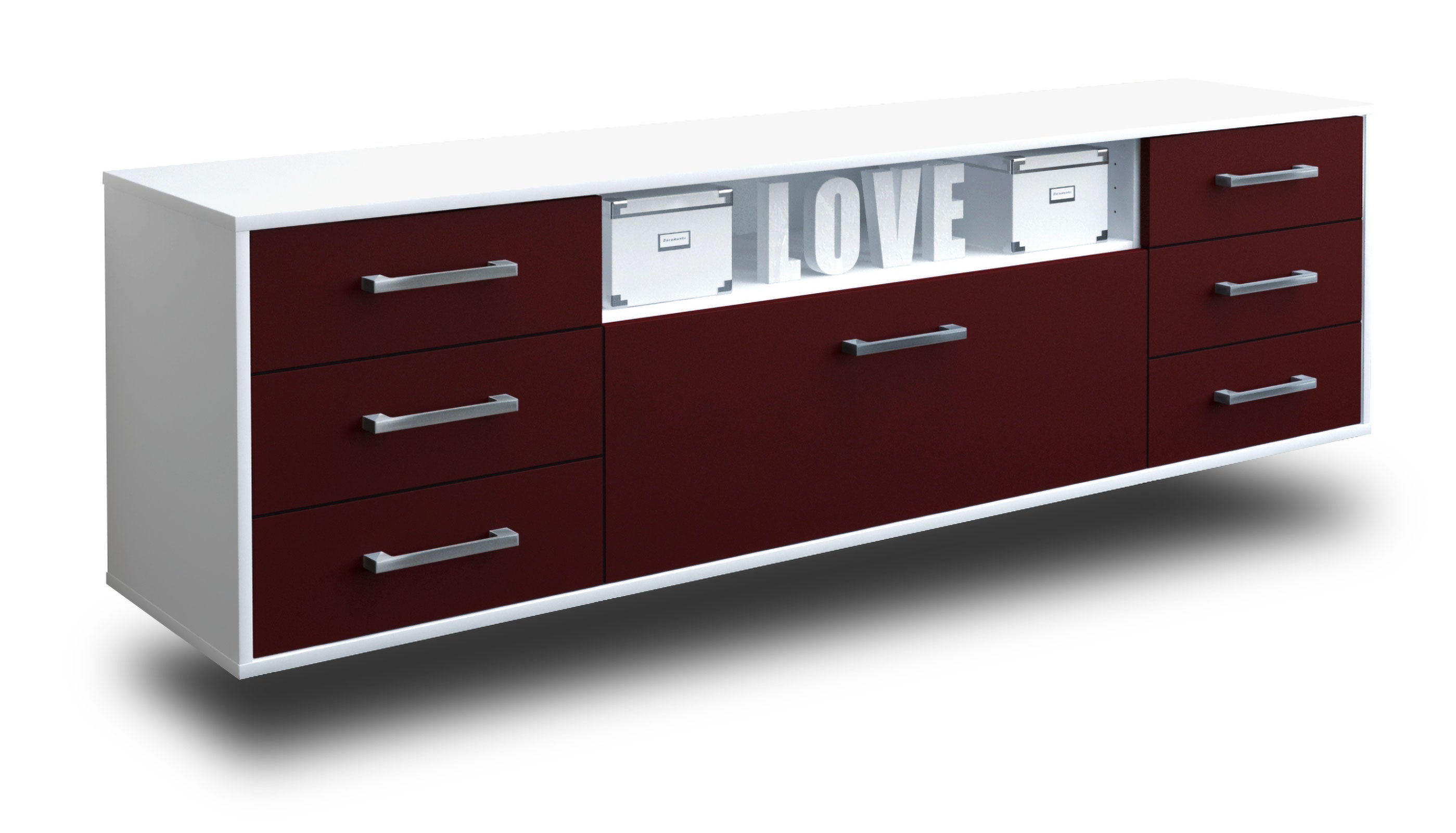 Lowboard - Beatrice - Design Farbakzent - Wandmontage mit Griffe 180 cm Weiss