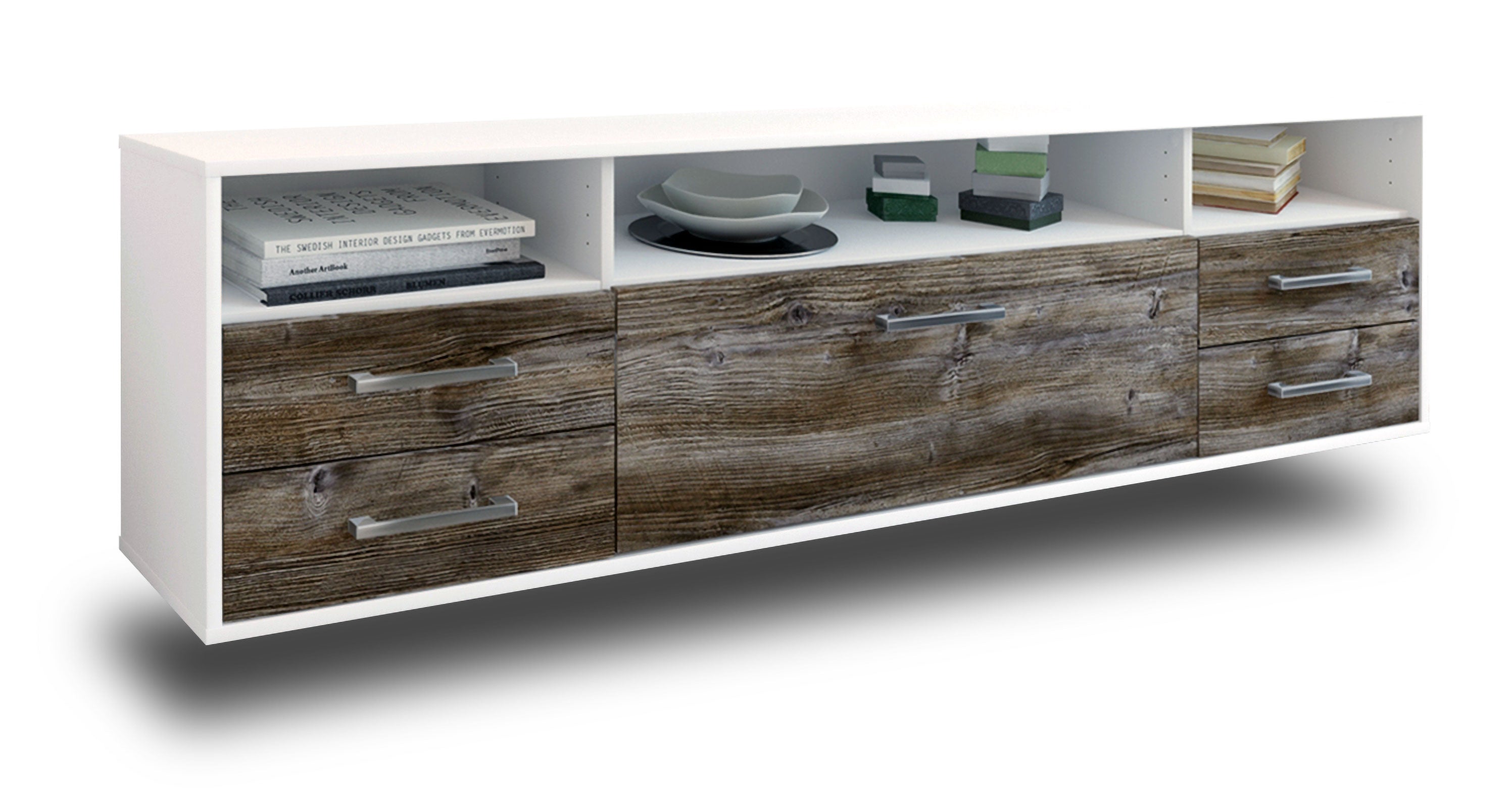 Lowboard - Bella - Design Holzdekor - Wandmontage mit Griffe 180 cm Weiss