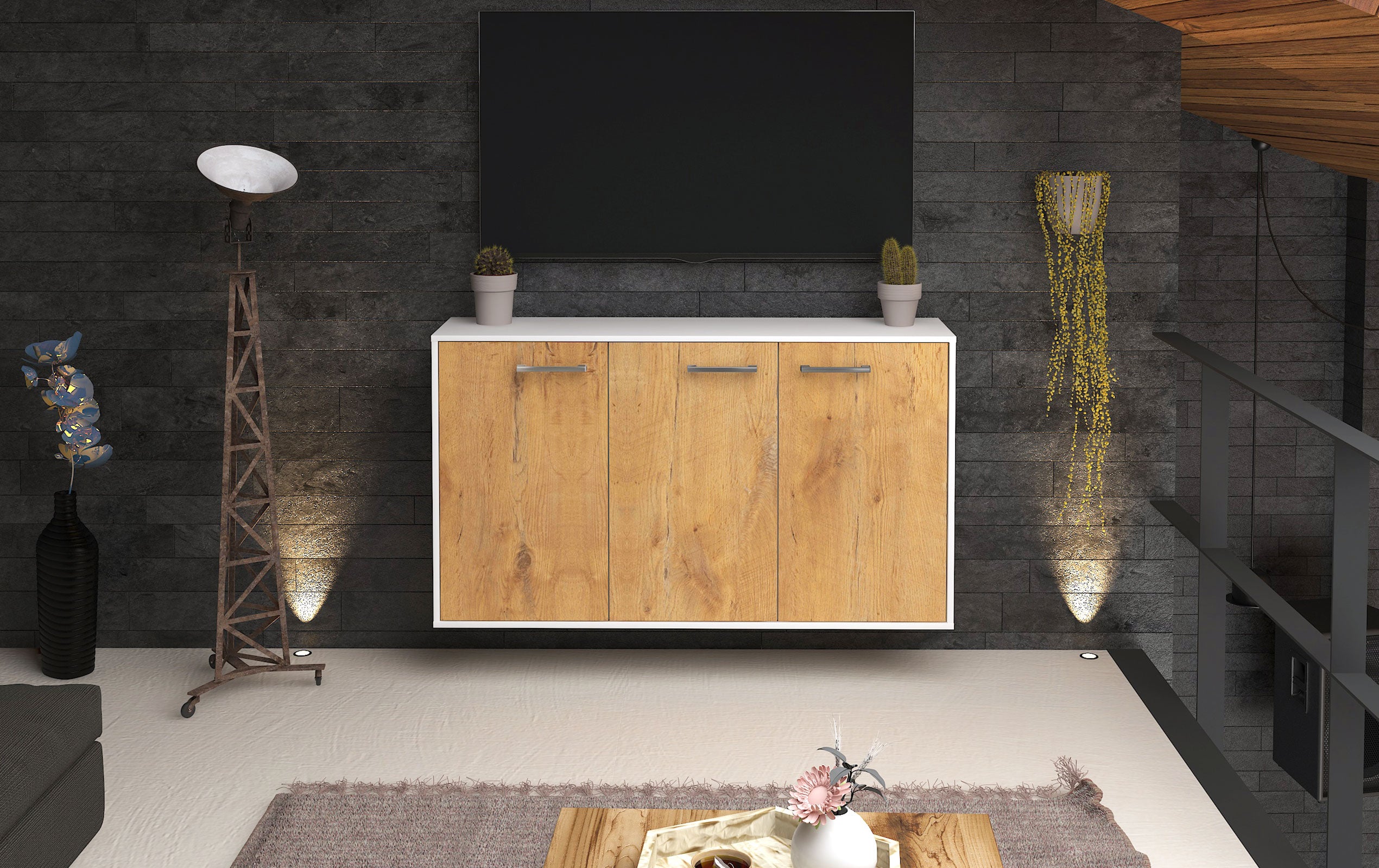 Sideboard - Delia - Design Holzdekor - Wandmontage mit Griffe 136 cm Weiss