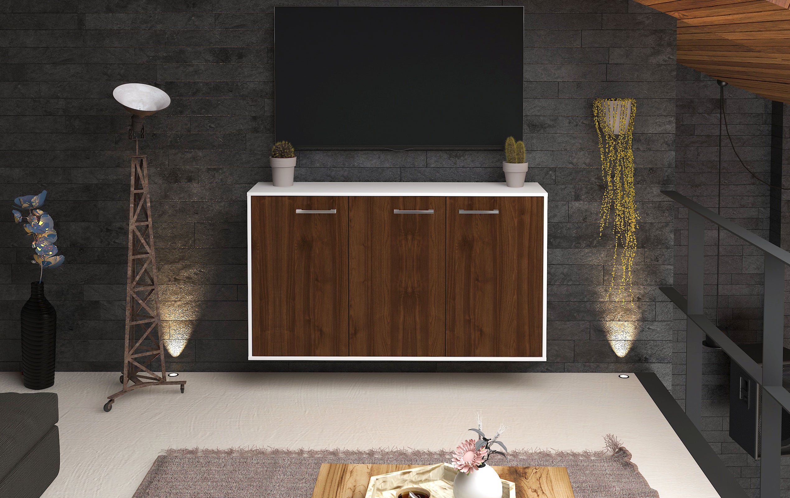 Sideboard - Delia - Design Holzdekor - Wandmontage mit Griffe 136 cm Weiss