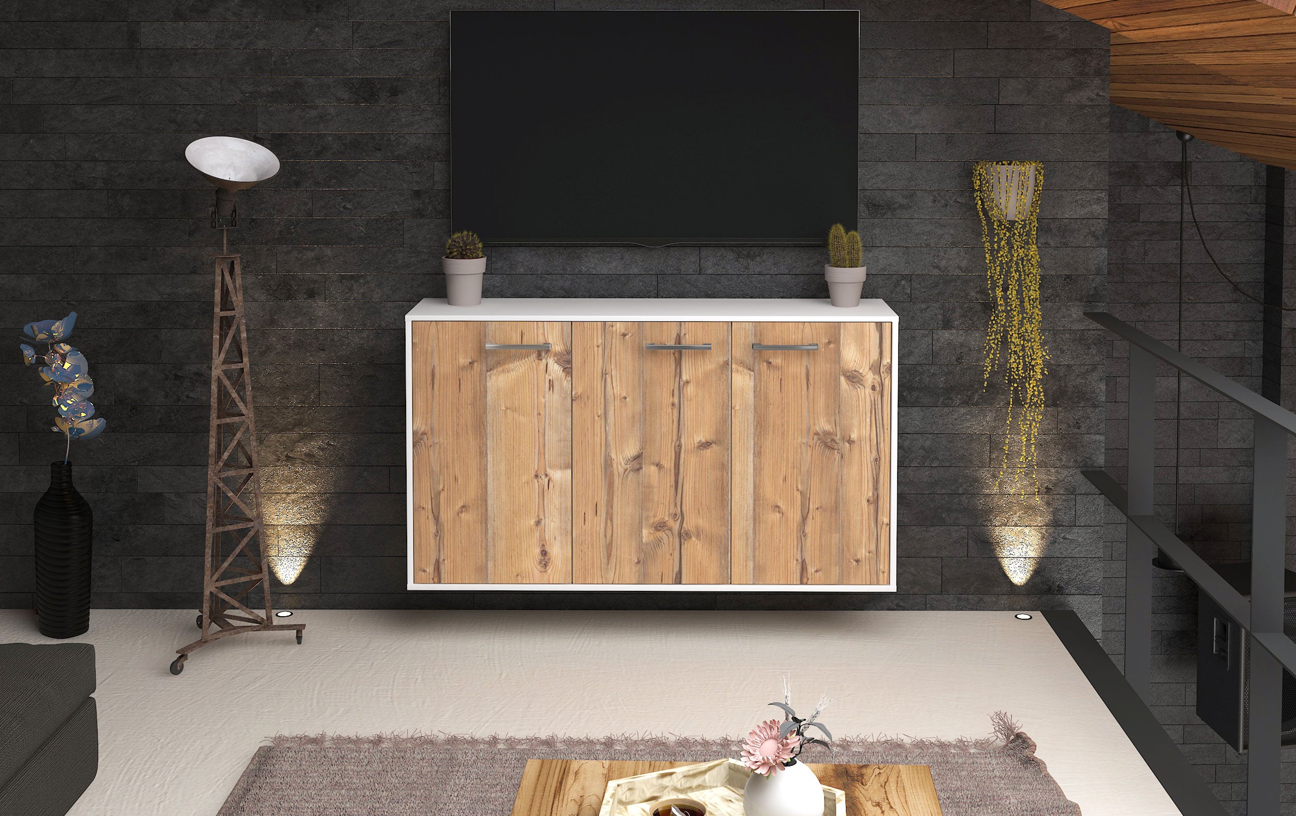 Sideboard - Delia - Design Holzdekor - Wandmontage mit Griffe 136 cm Weiss