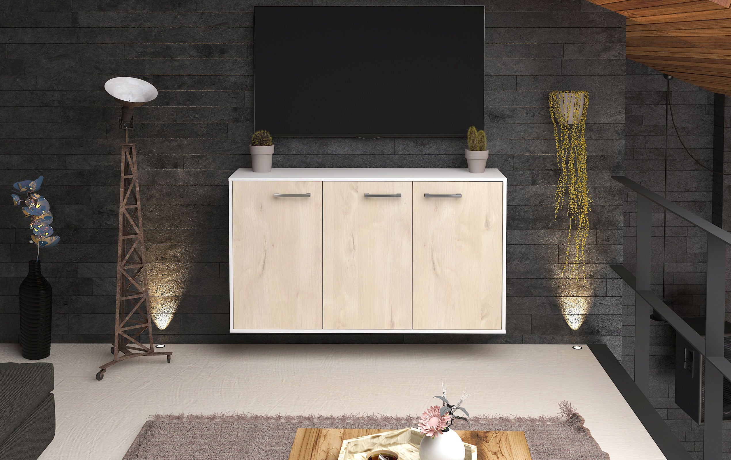 Sideboard - Delia - Design Holzdekor - Wandmontage mit Griffe 136 cm Weiss