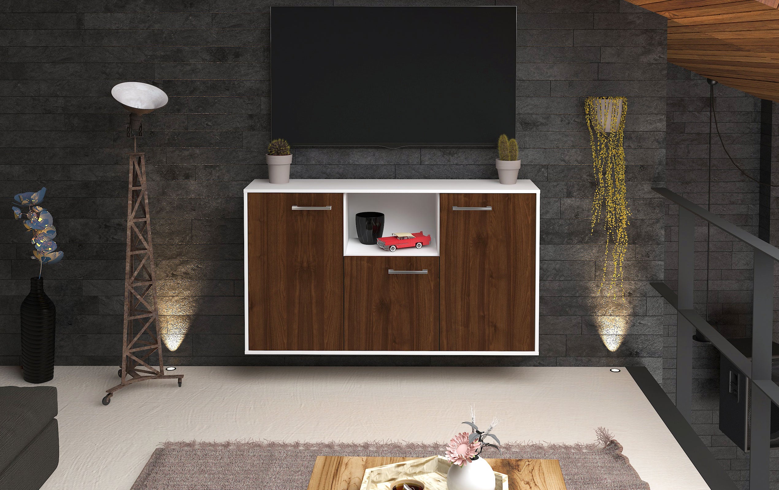 Sideboard - Demetria - Design Holzdekor - Wandmontage mit Griffe 136 cm Weiss