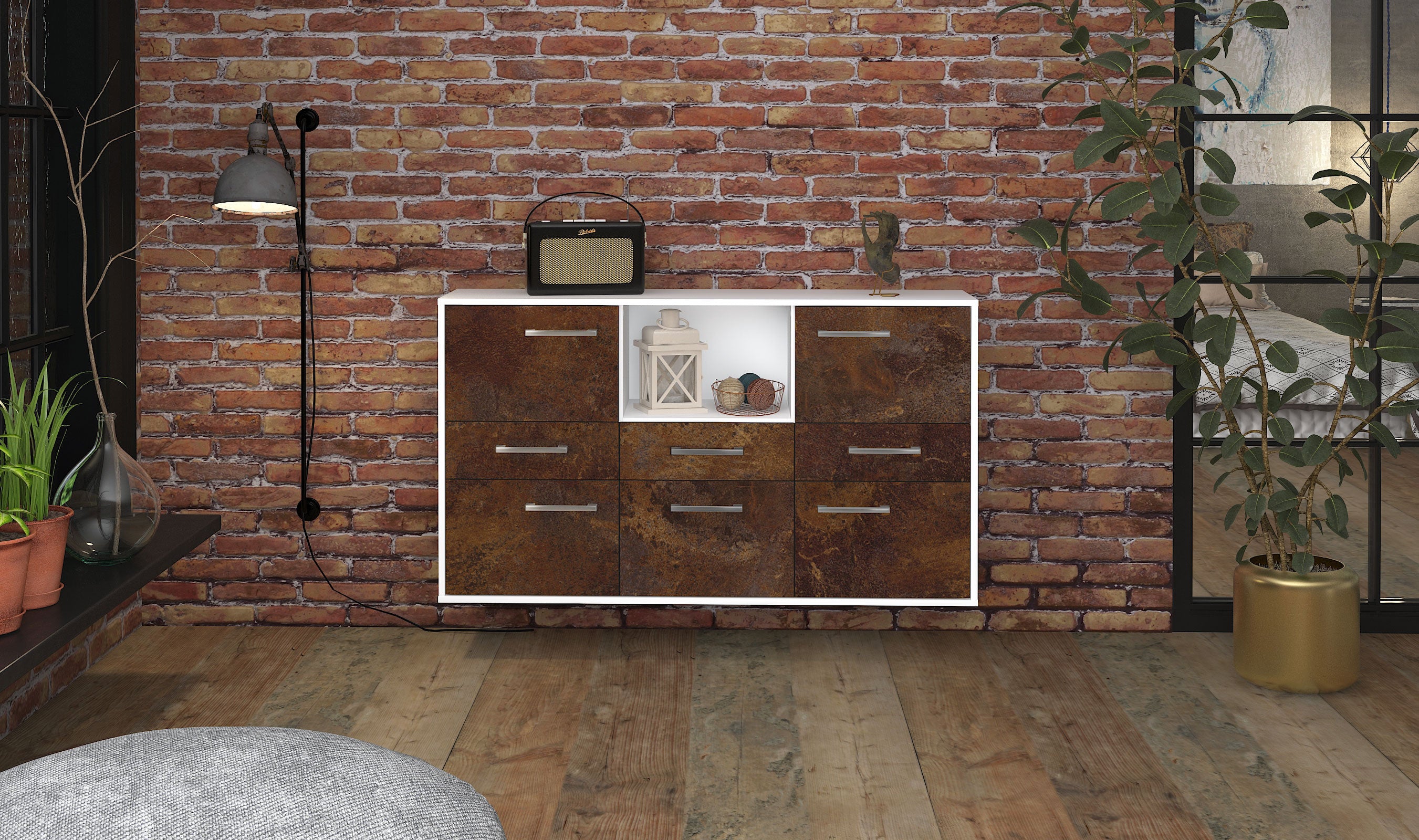 Sideboard - Dominika - Design Industrie Stil - Wandmontage mit Griffe 136 cm Weiss