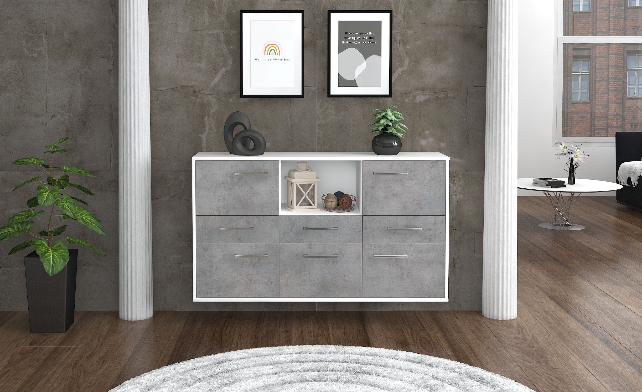 Sideboard - Dominika - Design Industrie Stil - Wandmontage mit Griffe 136 cm Weiss