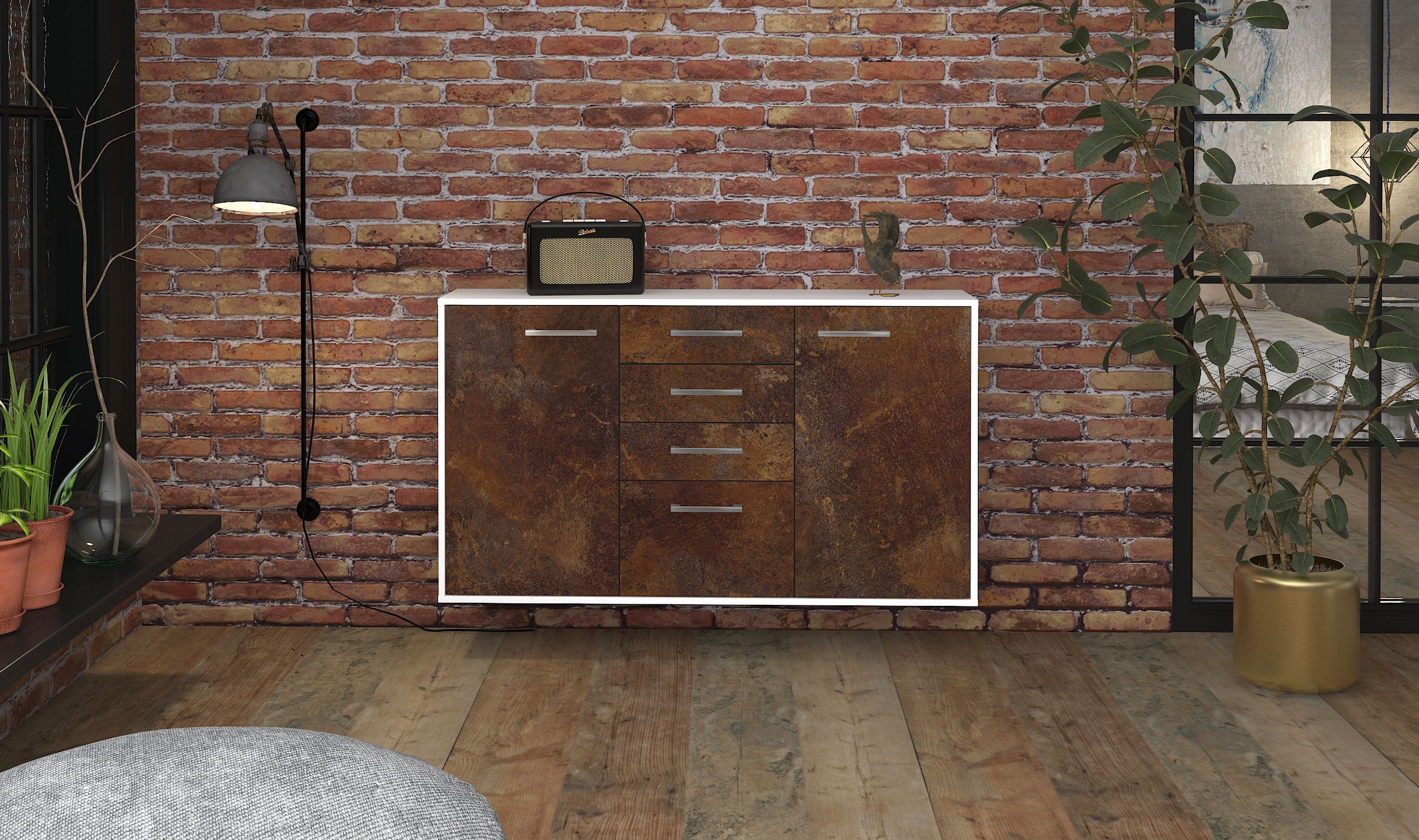 Sideboard - Donatella - Design Industrie Stil - Wandmontage mit Griffe 136 cm Weiss