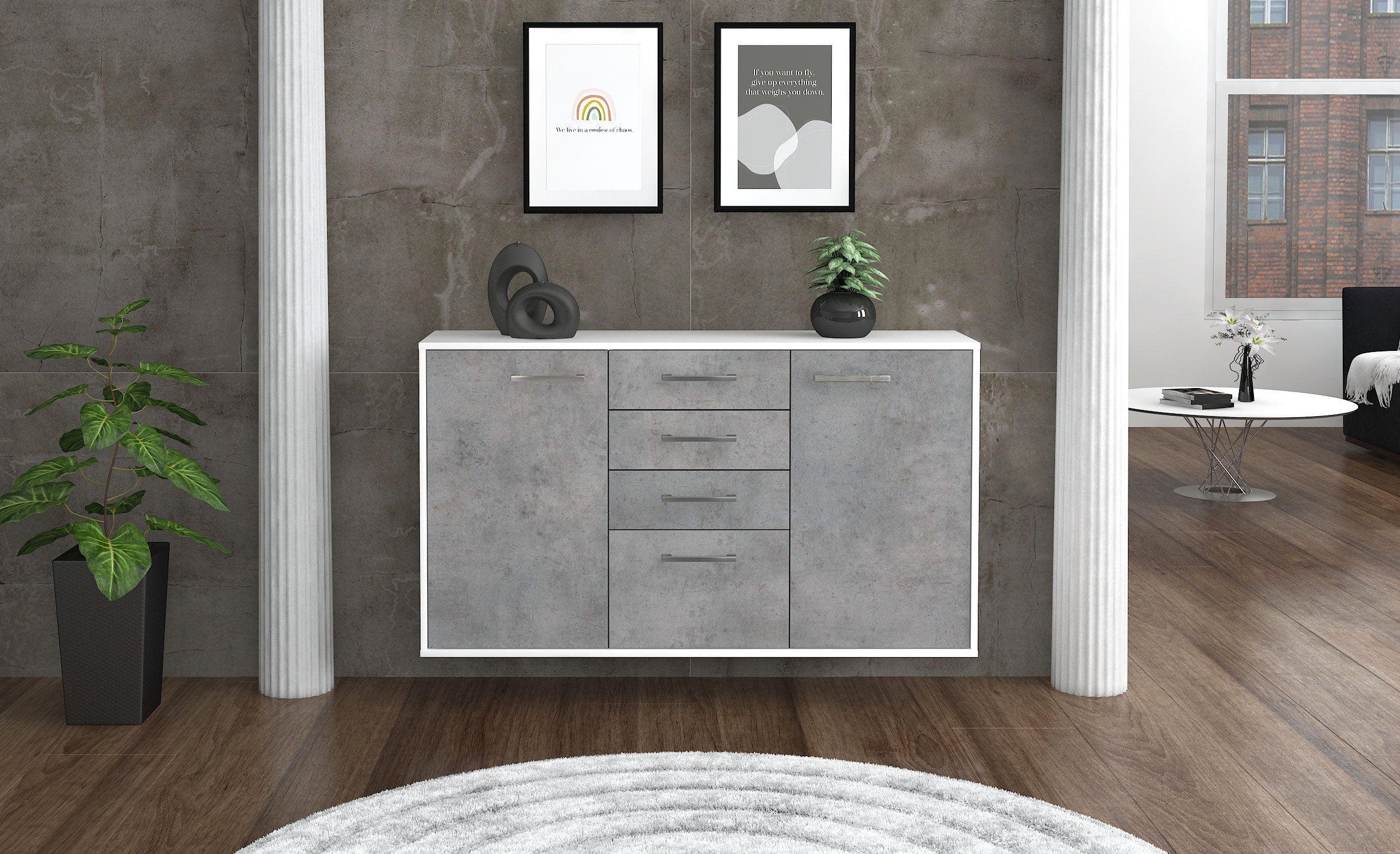 Sideboard - Donatella - Design Industrie Stil - Wandmontage mit Griffe 136 cm Weiss
