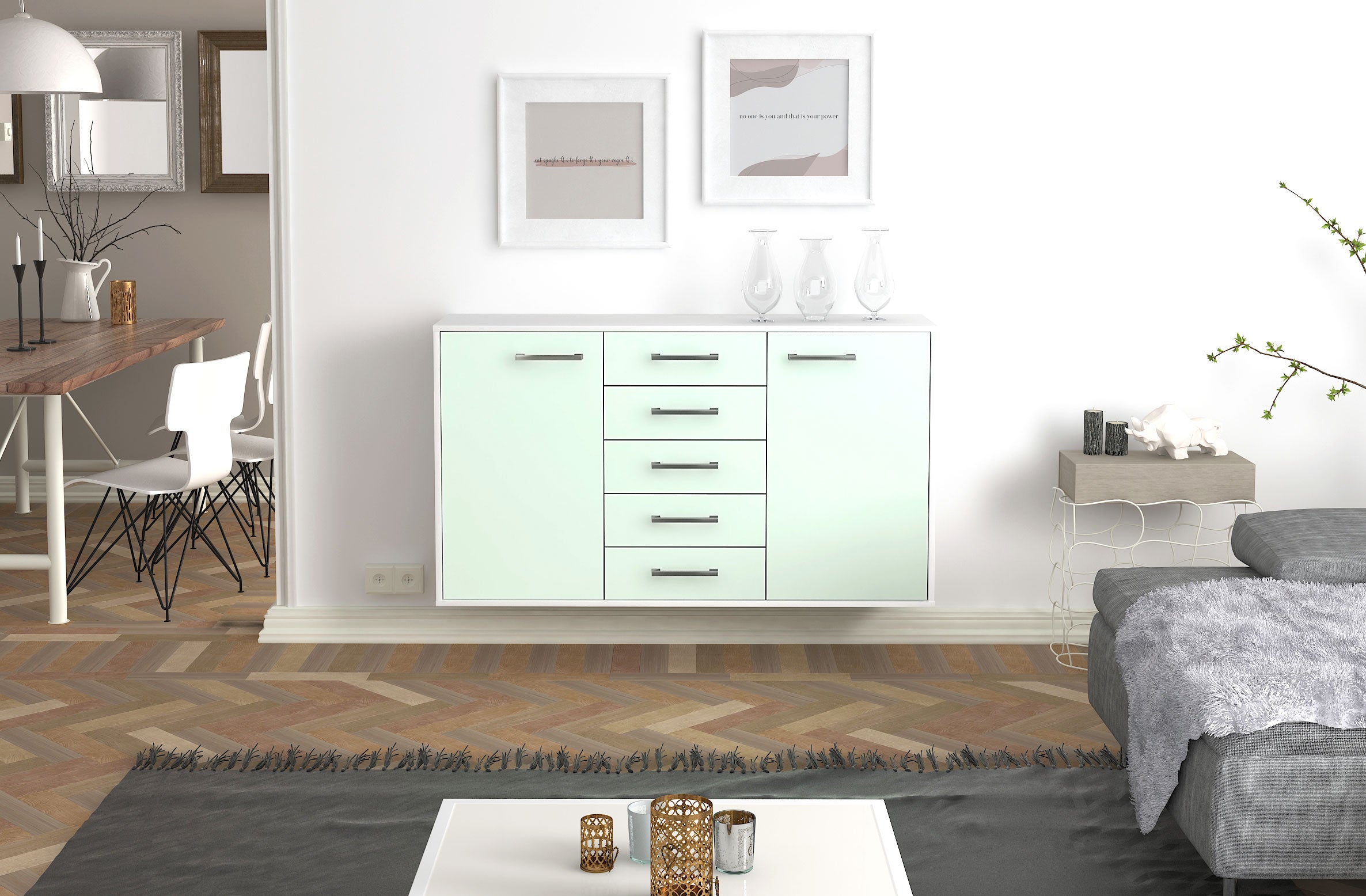 Sideboard - Dorelly - Design Farbakzent - Wandmontage mit Griffe 136 cm Weiss