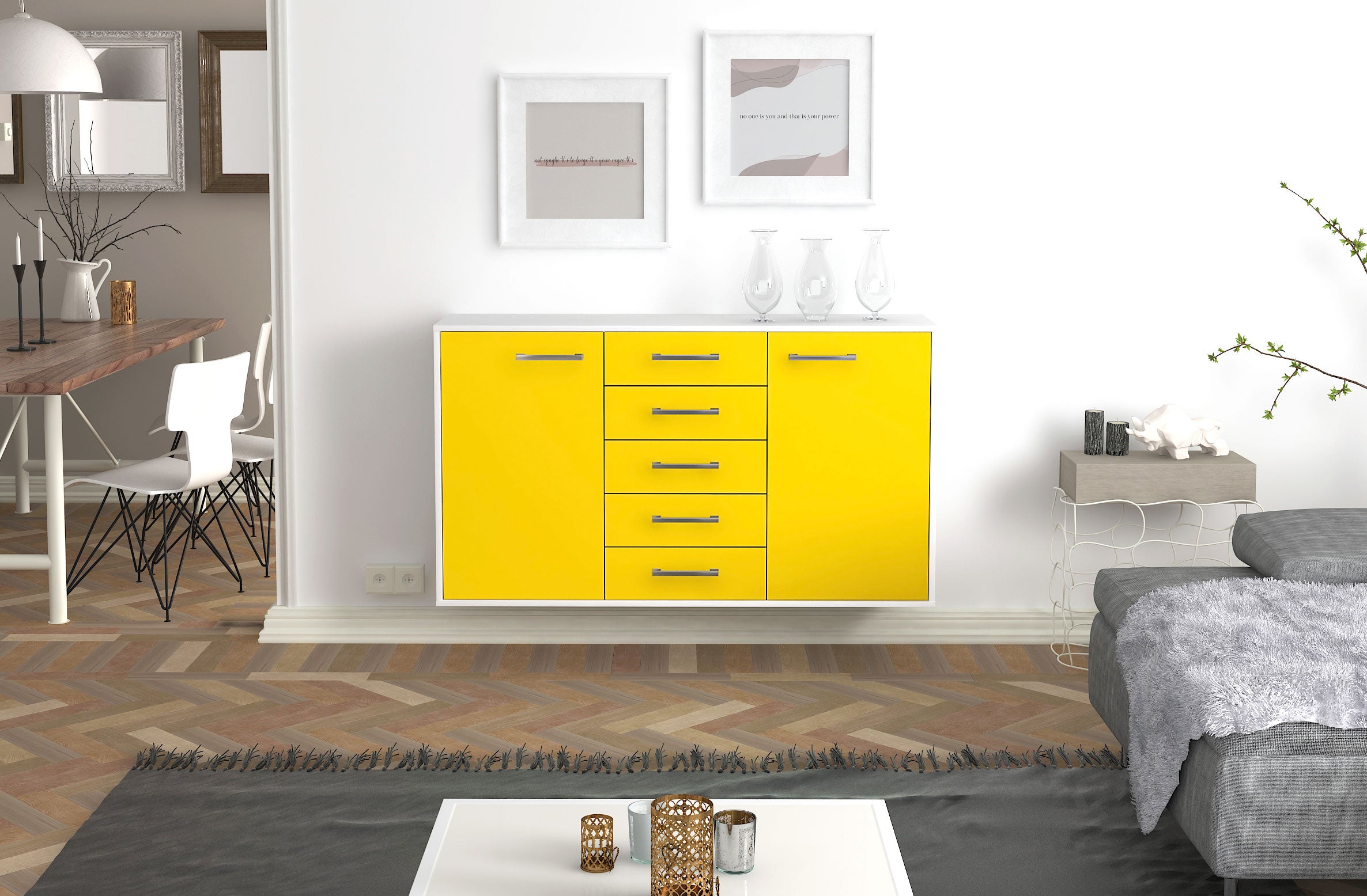 Sideboard - Dorelly - Design Farbakzent - Wandmontage mit Griffe 136 cm Weiss