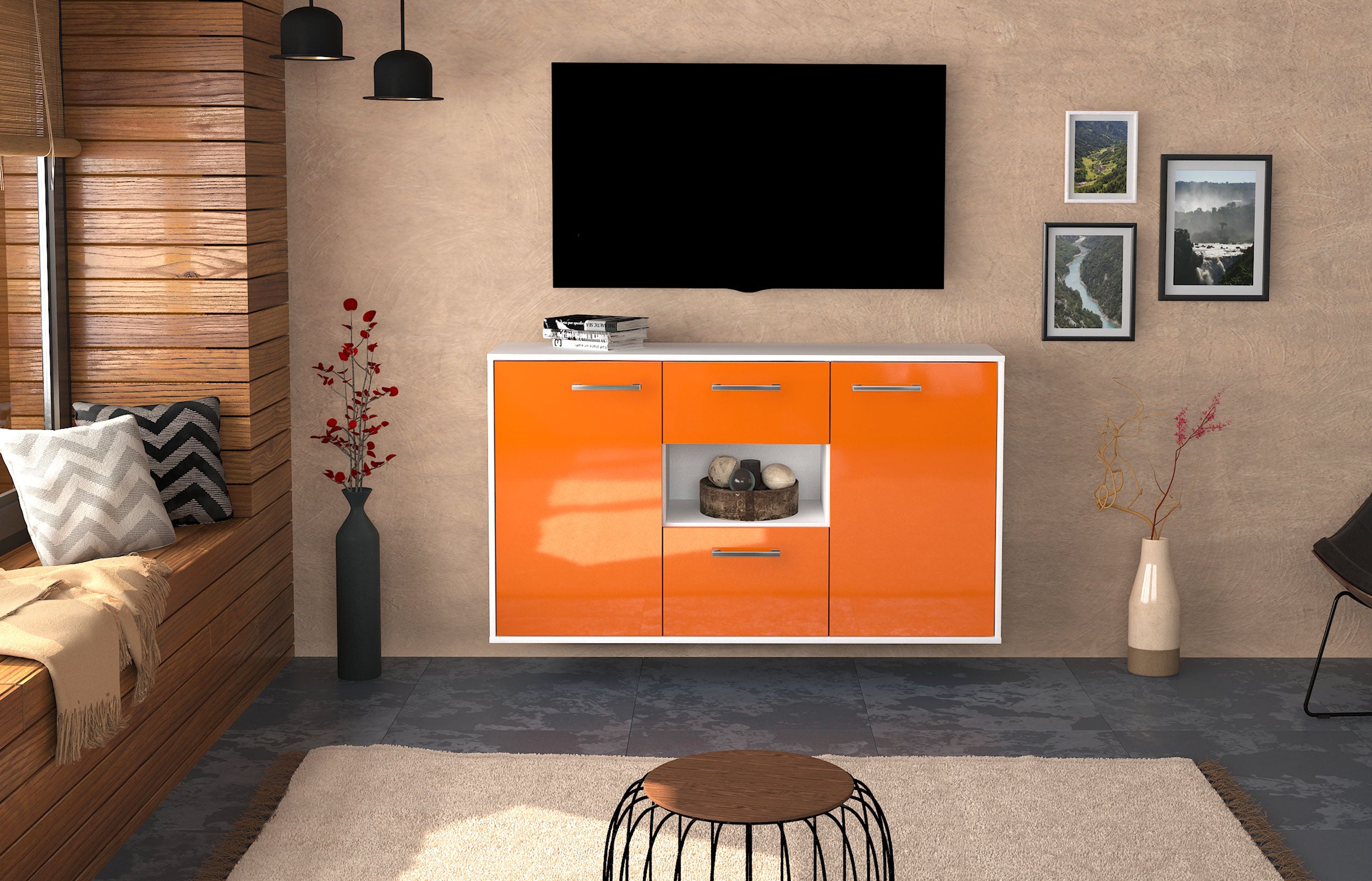 Sideboard - Doriana - Design Hochglanz - Wandmontage mit Griffe 136 cm Weiss