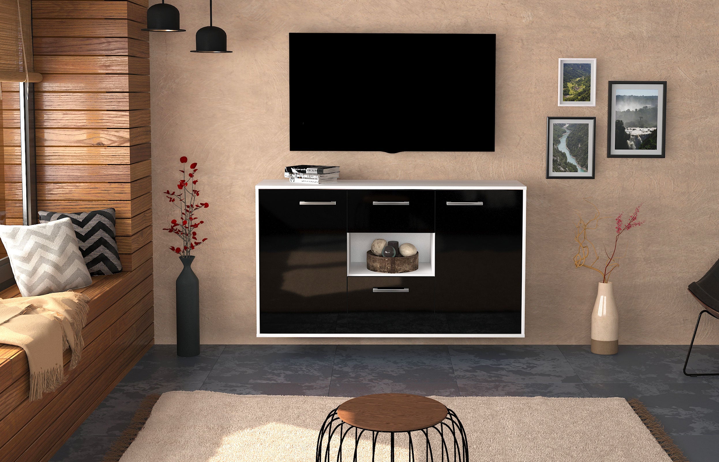 Sideboard - Doriana - Design Hochglanz - Wandmontage mit Griffe 136 cm Weiss