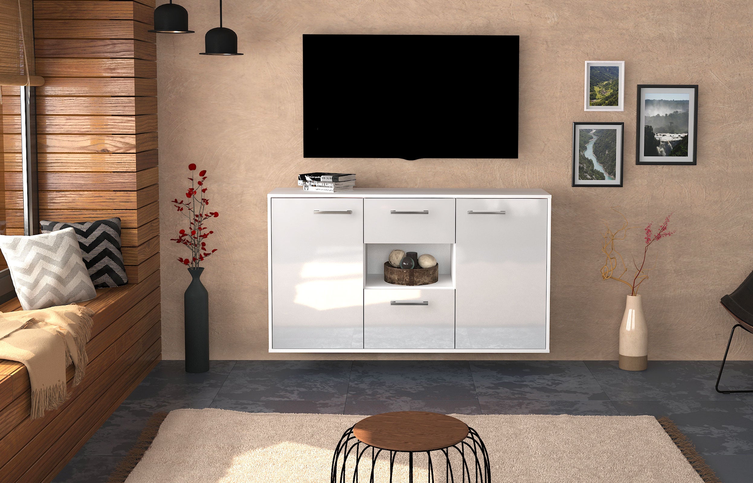 Sideboard - Doriana - Design Hochglanz - Wandmontage mit Griffe 136 cm Weiss