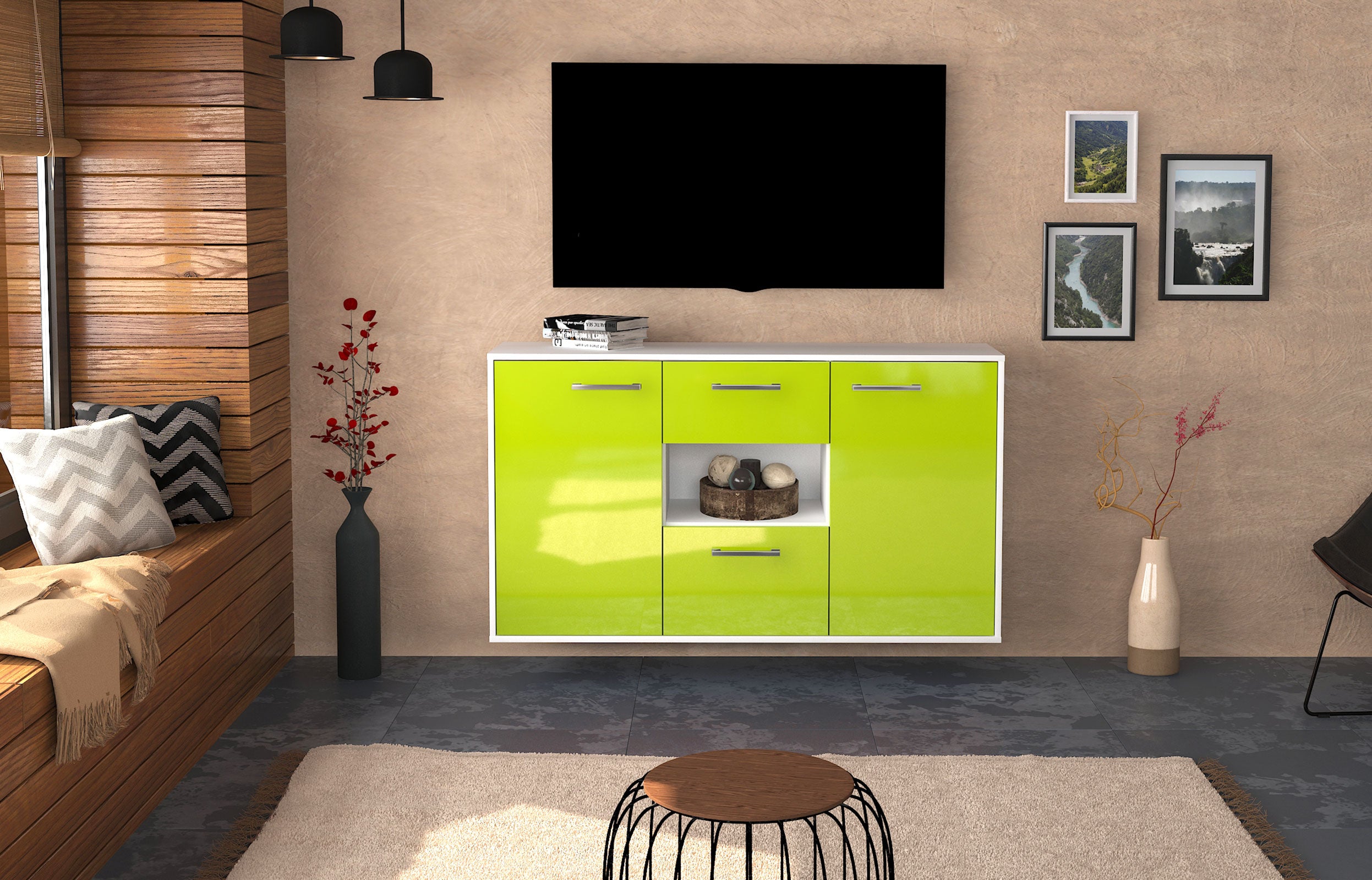 Sideboard - Doriana - Design Hochglanz - Wandmontage mit Griffe 136 cm Weiss