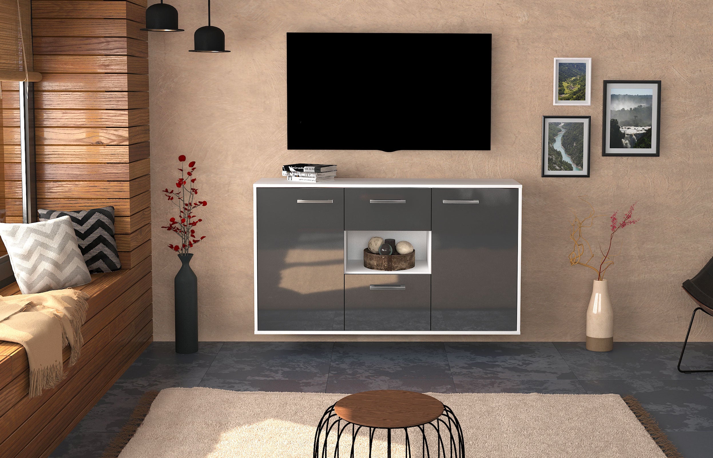 Sideboard - Doriana - Design Hochglanz - Wandmontage mit Griffe 136 cm Weiss