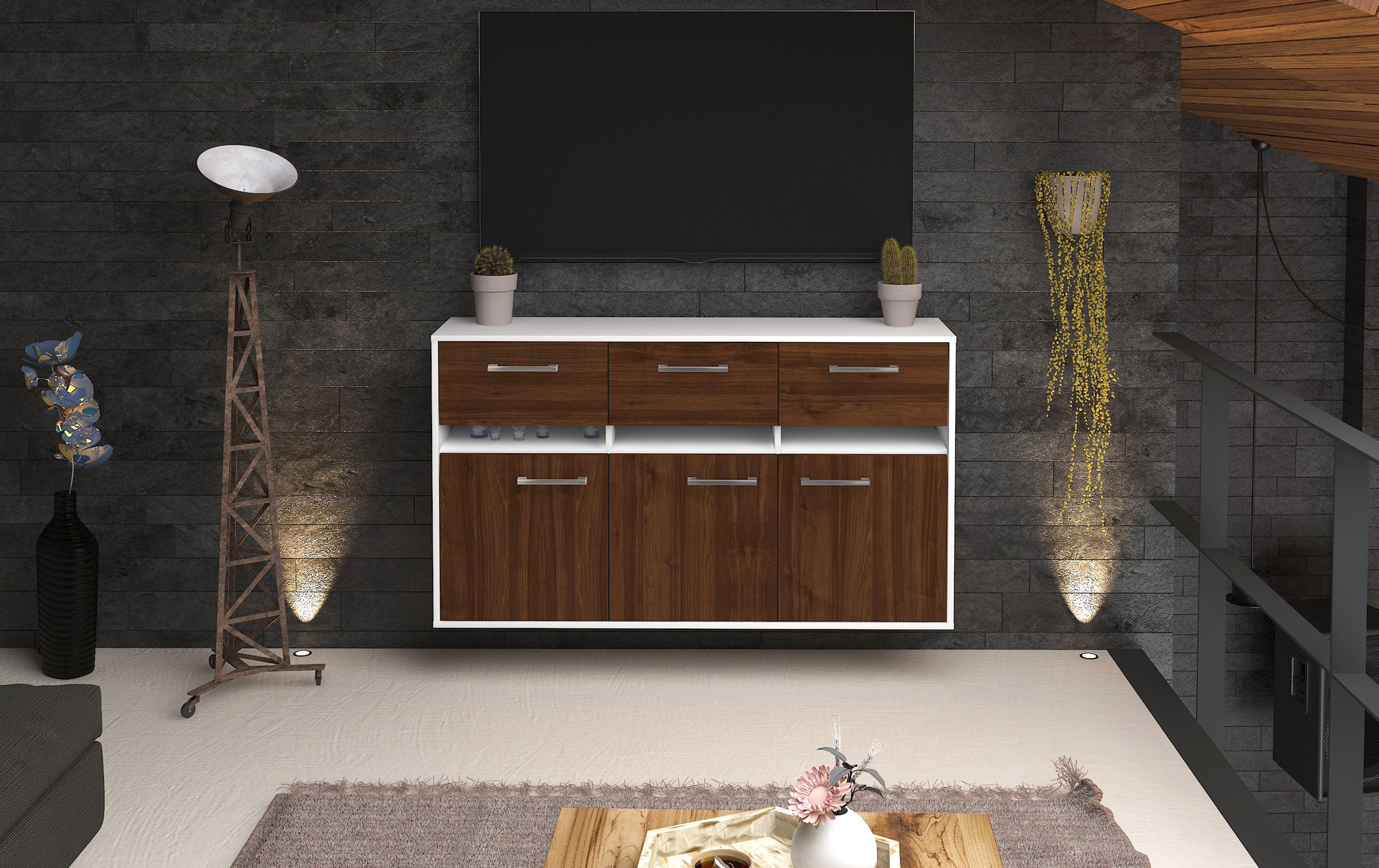 Sideboard - Dorinde - Design Holzdekor - Wandmontage mit Griffe 136 cm Weiss