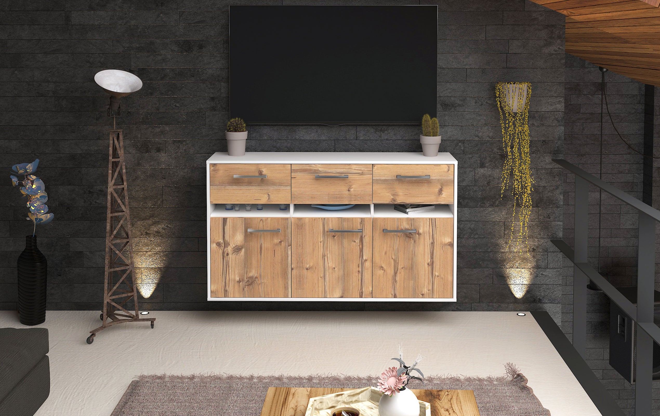 Sideboard - Dorinde - Design Holzdekor - Wandmontage mit Griffe 136 cm Weiss