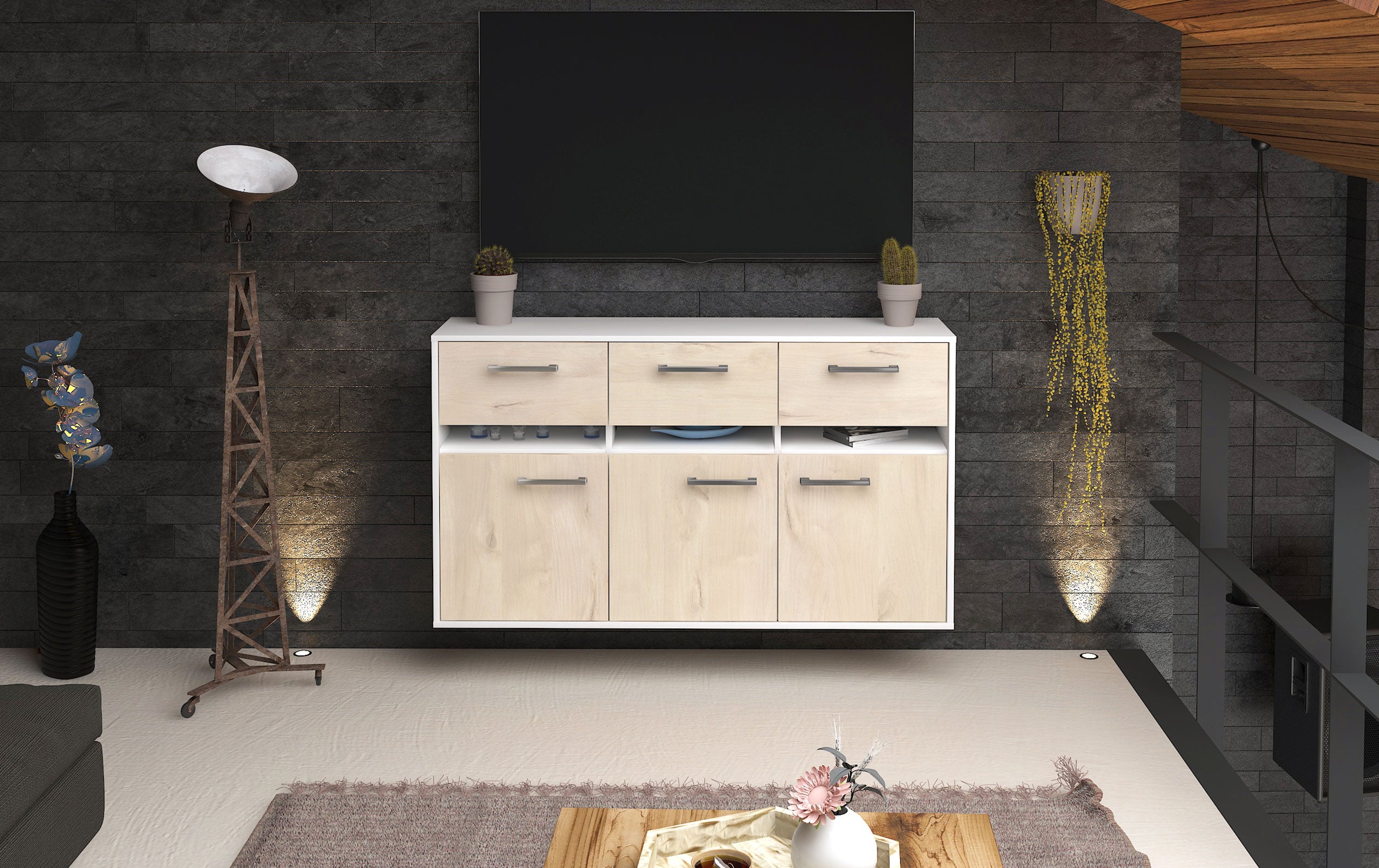 Sideboard - Dorinde - Design Holzdekor - Wandmontage mit Griffe 136 cm Weiss