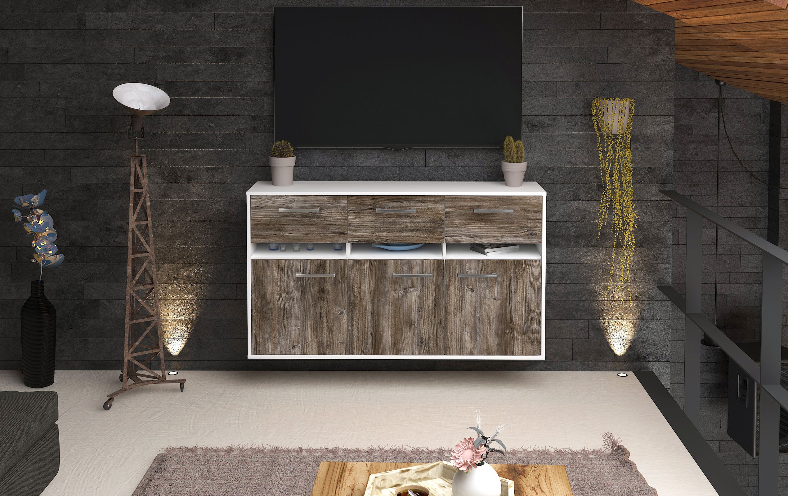 Sideboard - Dorinde - Design Holzdekor - Wandmontage mit Griffe 136 cm Weiss