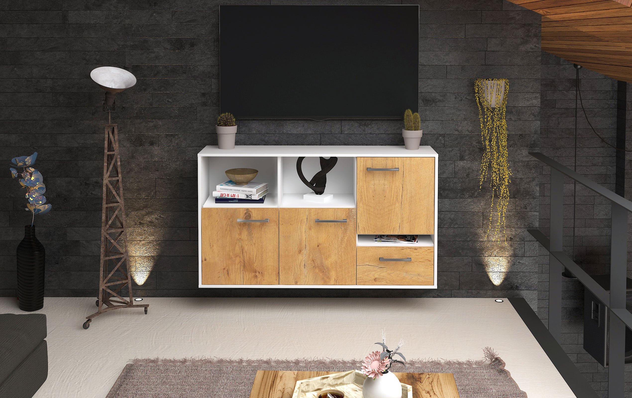Sideboard - EDA - Design Holzdekor - Wandmontage mit Griffe 136 cm Weiss
