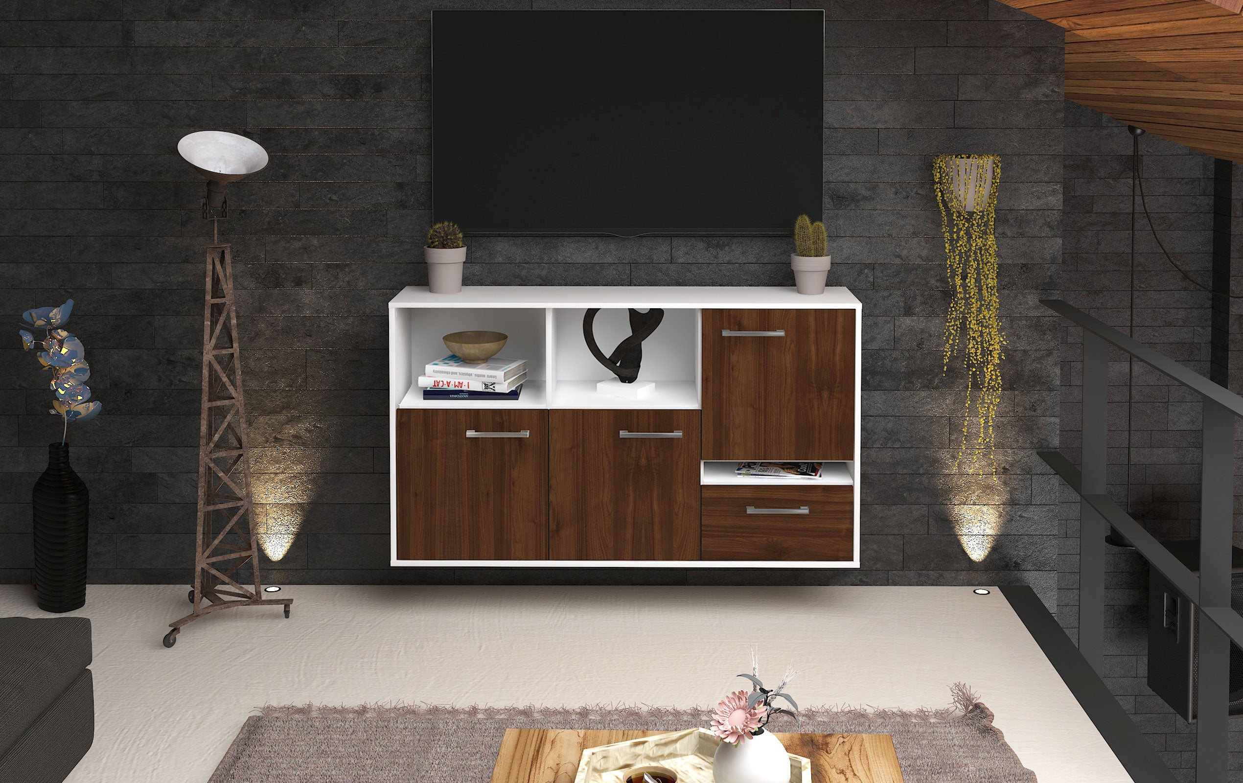 Sideboard - EDA - Design Holzdekor - Wandmontage mit Griffe 136 cm Weiss