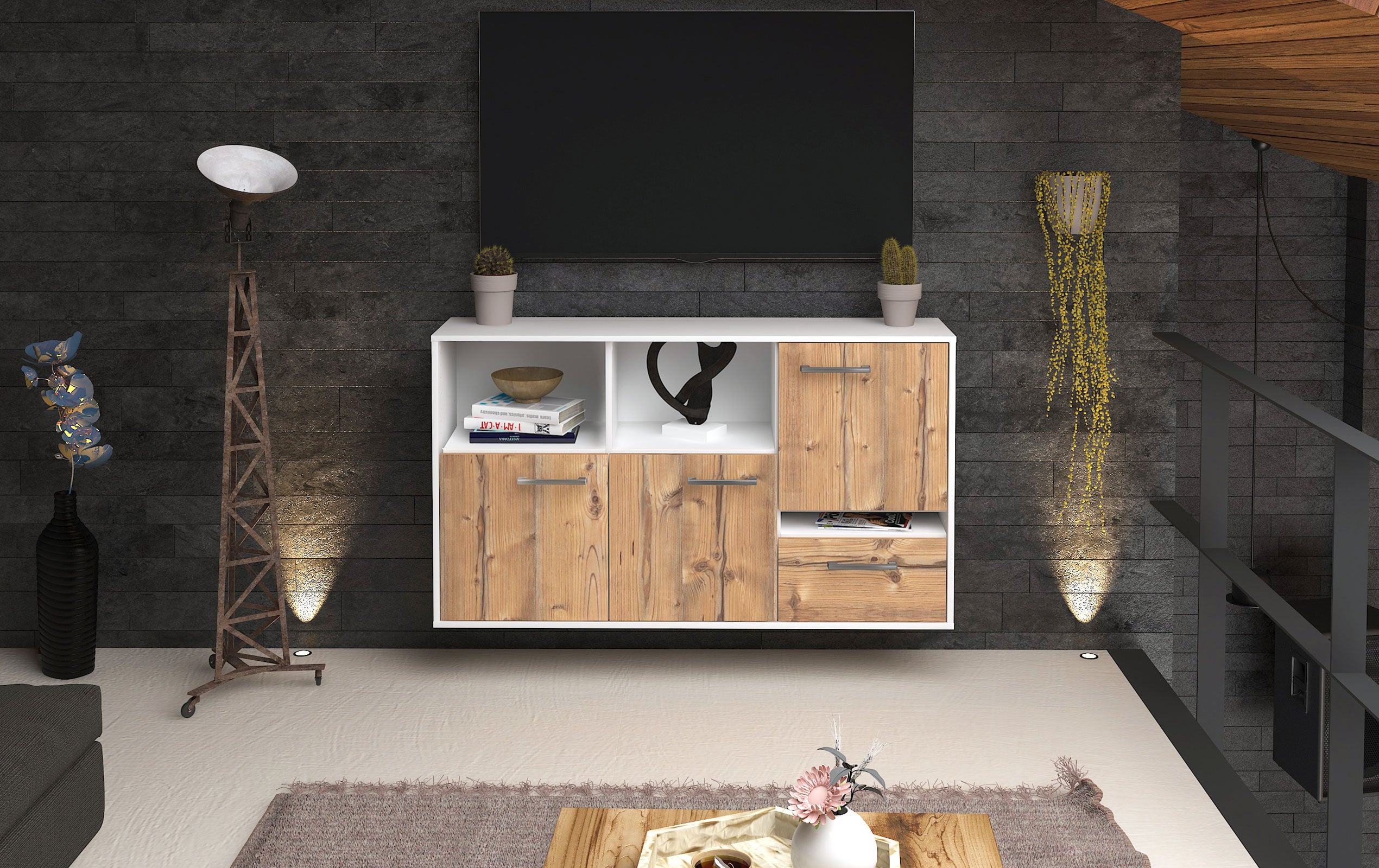 Sideboard - EDA - Design Holzdekor - Wandmontage mit Griffe 136 cm Weiss