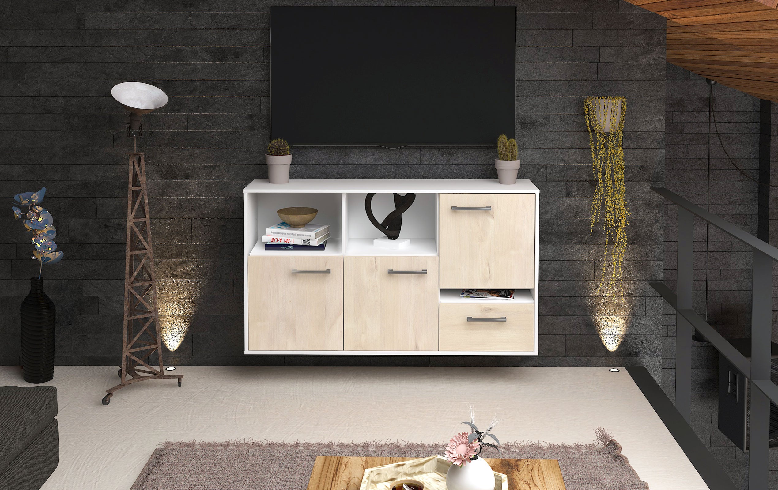 Sideboard - EDA - Design Holzdekor - Wandmontage mit Griffe 136 cm Weiss