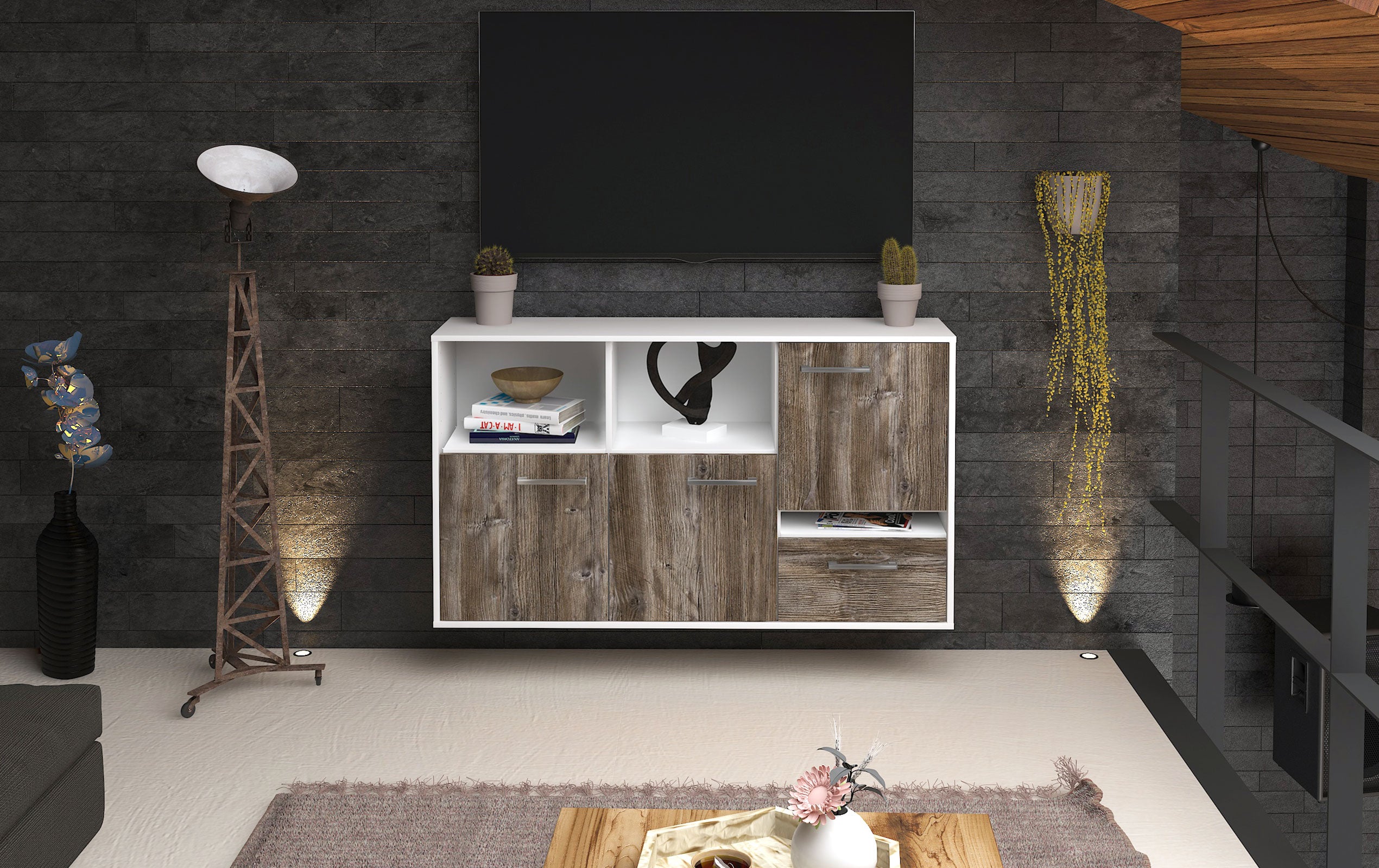 Sideboard - EDA - Design Holzdekor - Wandmontage mit Griffe 136 cm Weiss