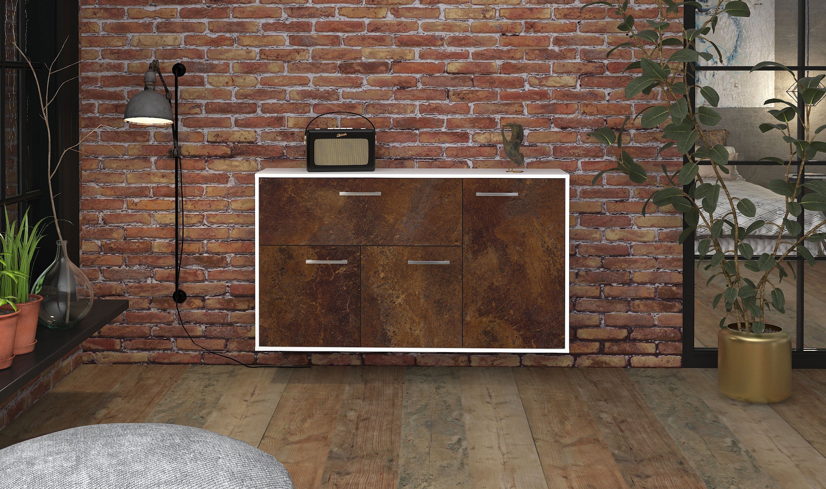 Sideboard - Edera - Design Industrie Stil - Wandmontage mit Griffe 136 cm Weiss