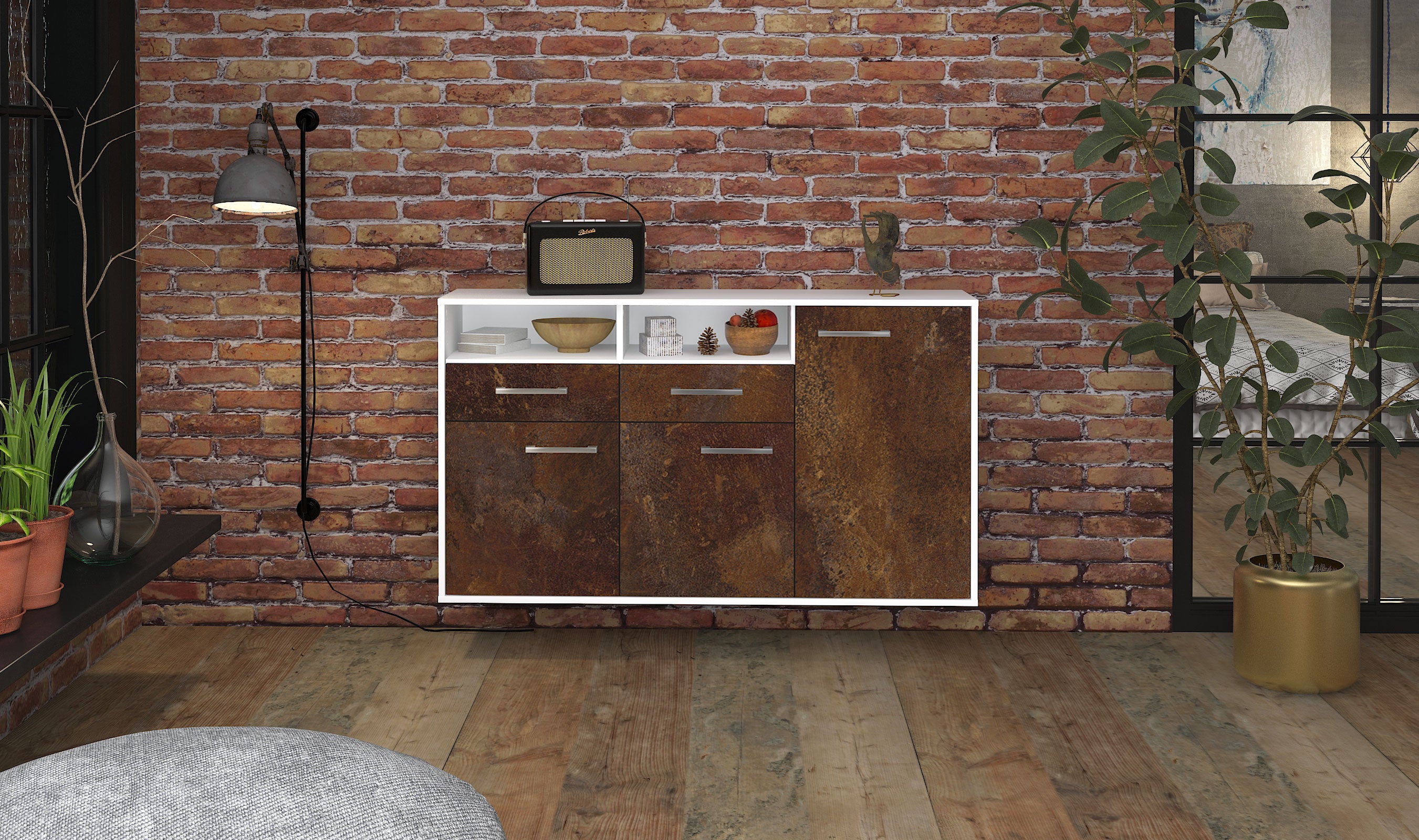 Sideboard - Editta - Design Industrie Stil - Wandmontage mit Griffe 136 cm Weiss