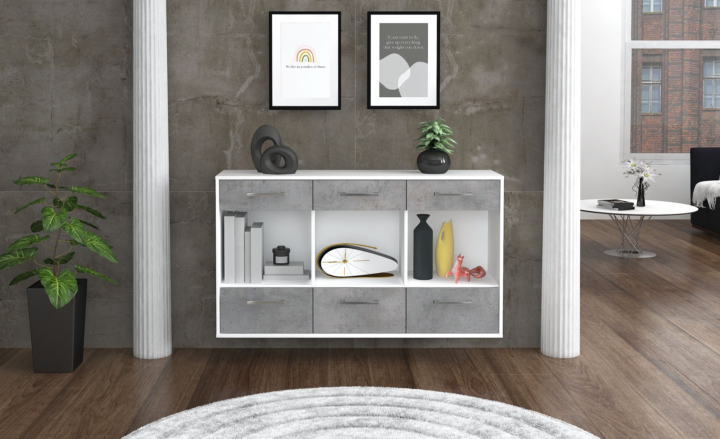 Sideboard - Efisia - Design Industrie Stil - Wandmontage mit Griffe 136 cm Weiss