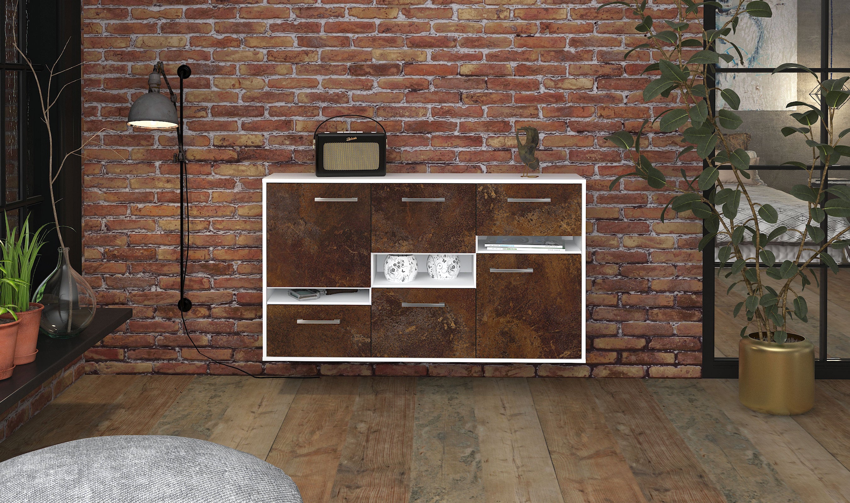 Sideboard - Egizia - Design Industrie Stil - Wandmontage mit Griffe 136 cm Weiss