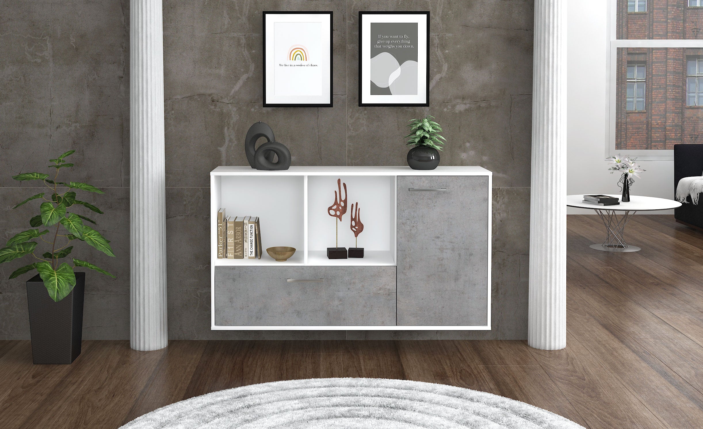 Sideboard - Ela - Design Industrie Stil - Wandmontage mit Griffe 136 cm Weiss