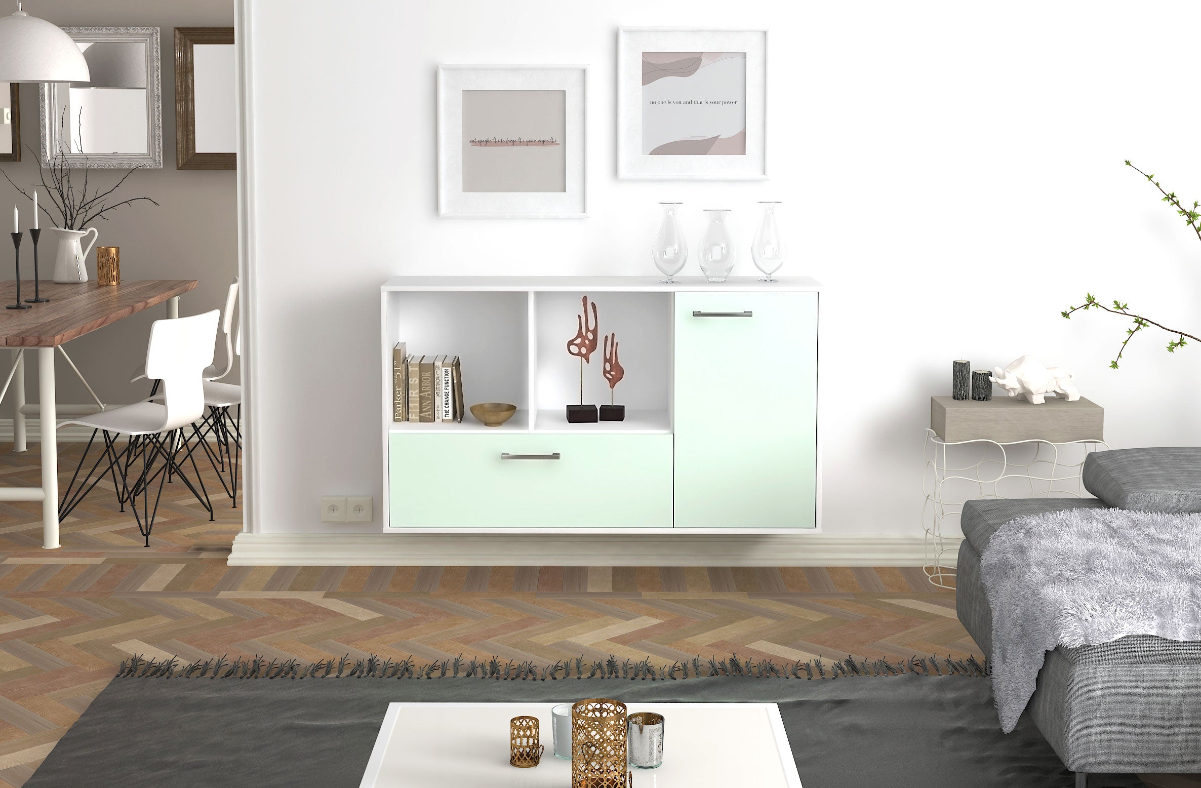 Sideboard - Ela - Design Farbakzent - Wandmontage mit Griffe 136 cm Weiss