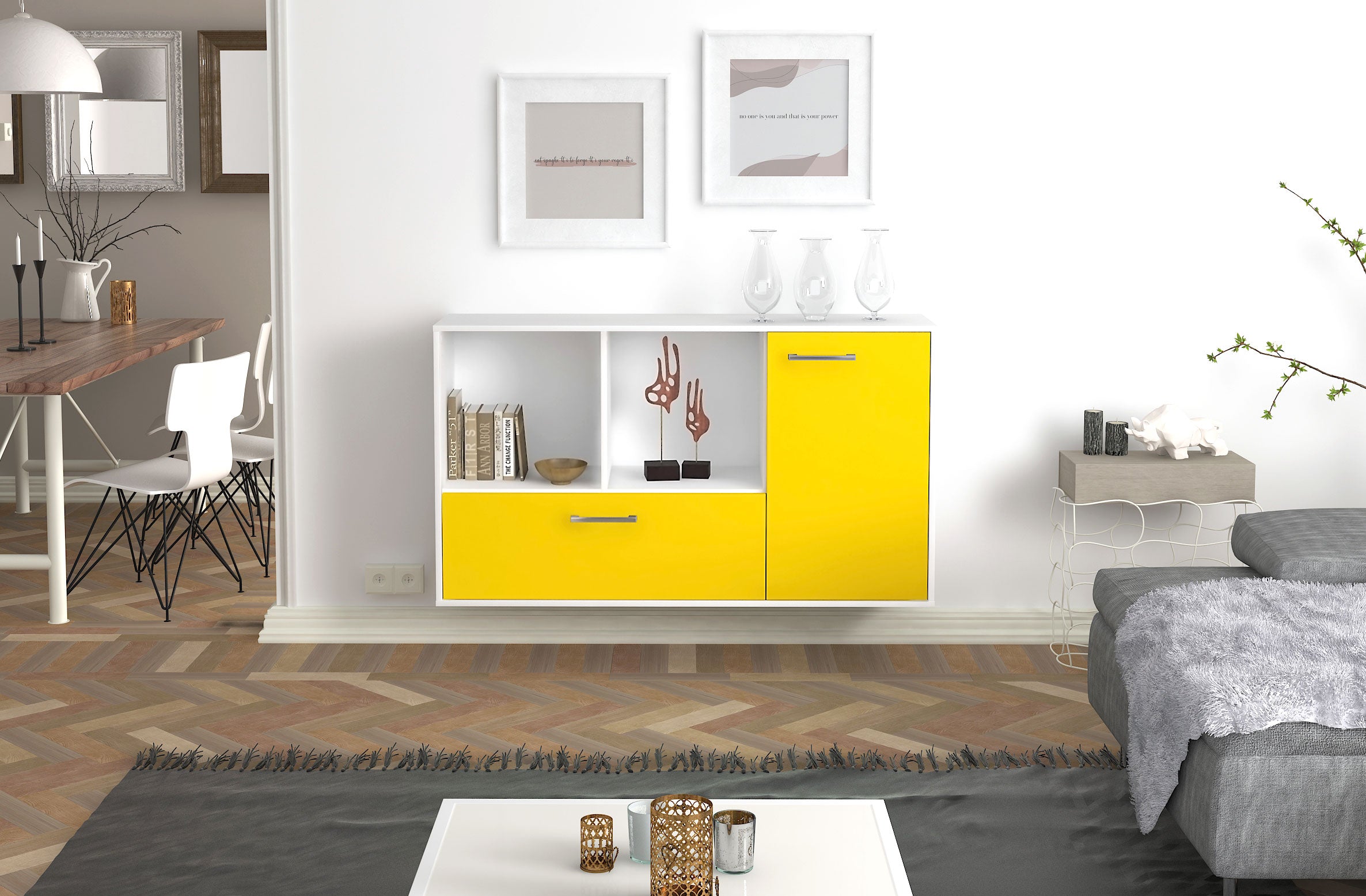 Sideboard - Ela - Design Farbakzent - Wandmontage mit Griffe 136 cm Weiss