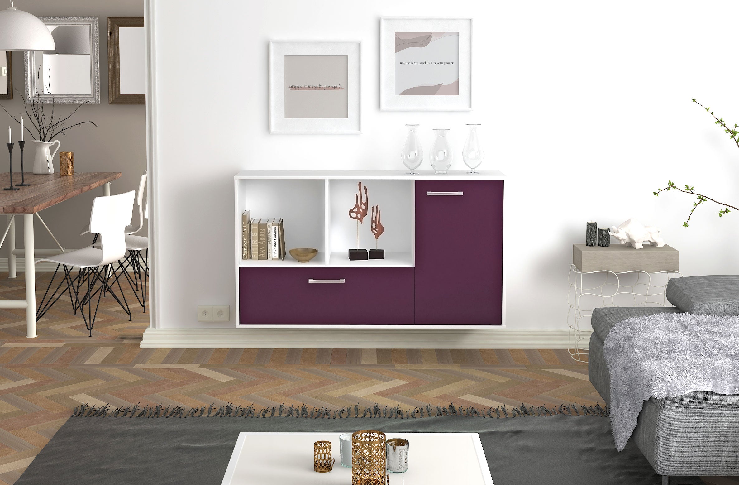 Sideboard - Ela - Design Farbakzent - Wandmontage mit Griffe 136 cm Weiss