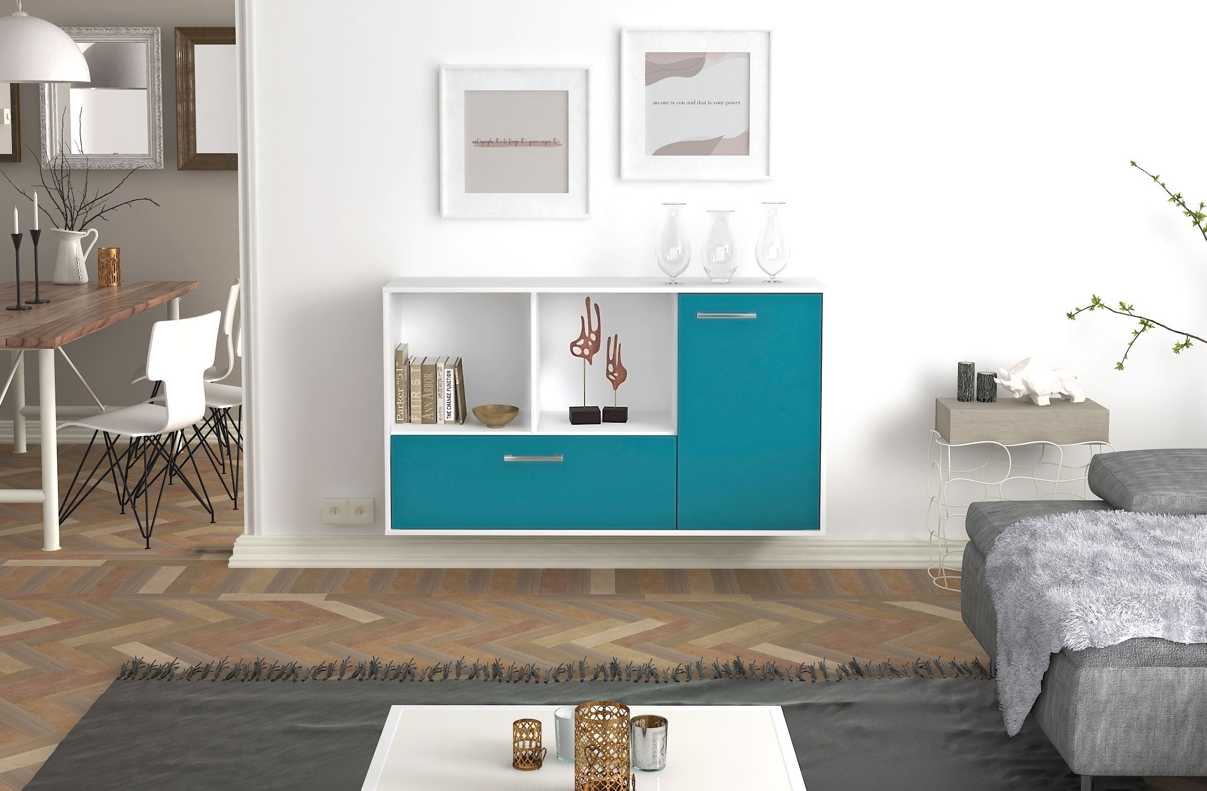 Sideboard - Ela - Design Farbakzent - Wandmontage mit Griffe 136 cm Weiss