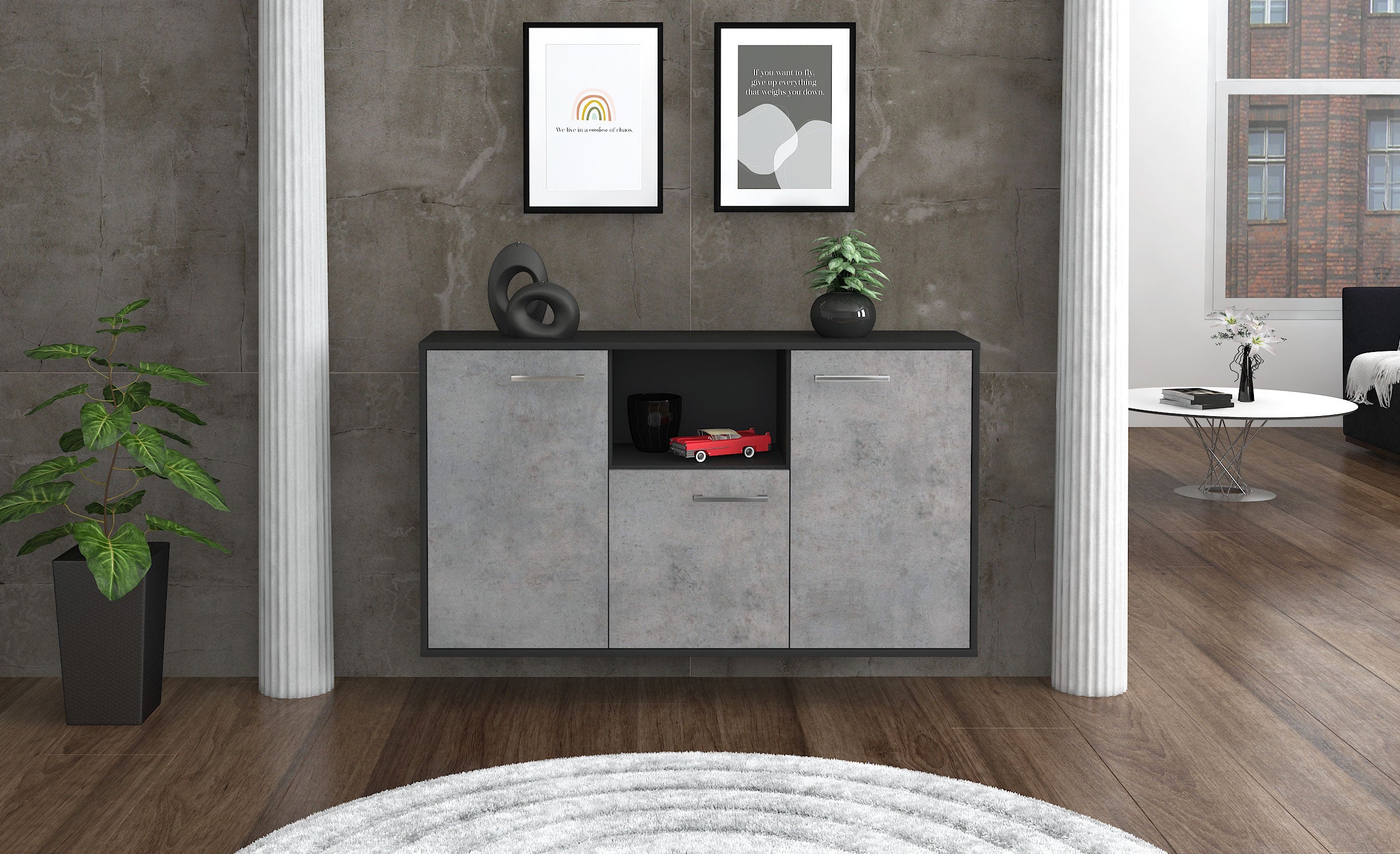 Sideboard - Demetria - Design Industrie Stil - Wandmontage mit Griffe 136 cm Anthrazit