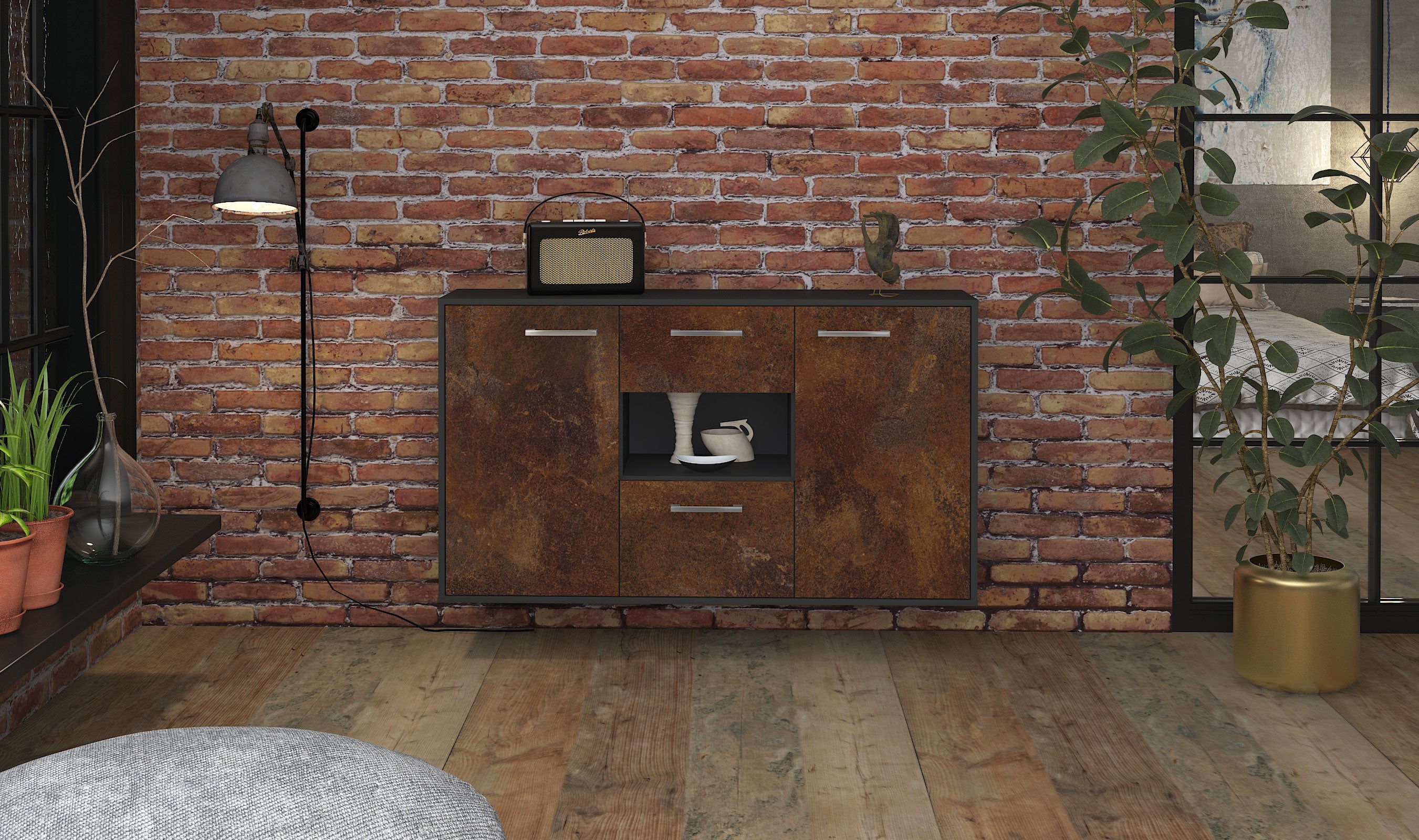 Sideboard - Denise - Design Industrie Stil - Wandmontage mit Griffe 136 cm Anthrazit