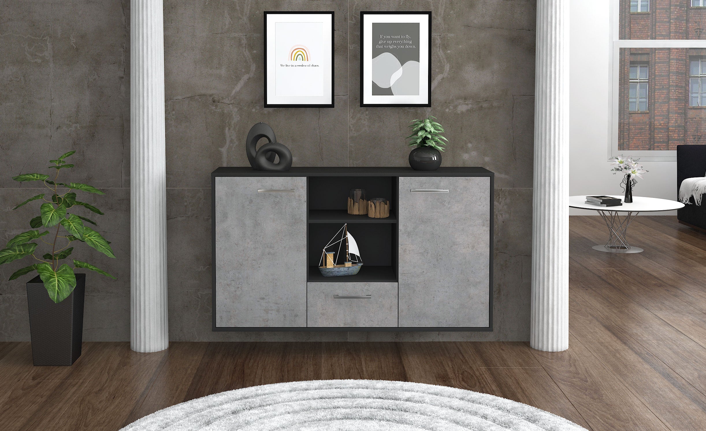 Sideboard - Desideria - Design Industrie Stil - Wandmontage mit Griffe 136 cm Anthrazit