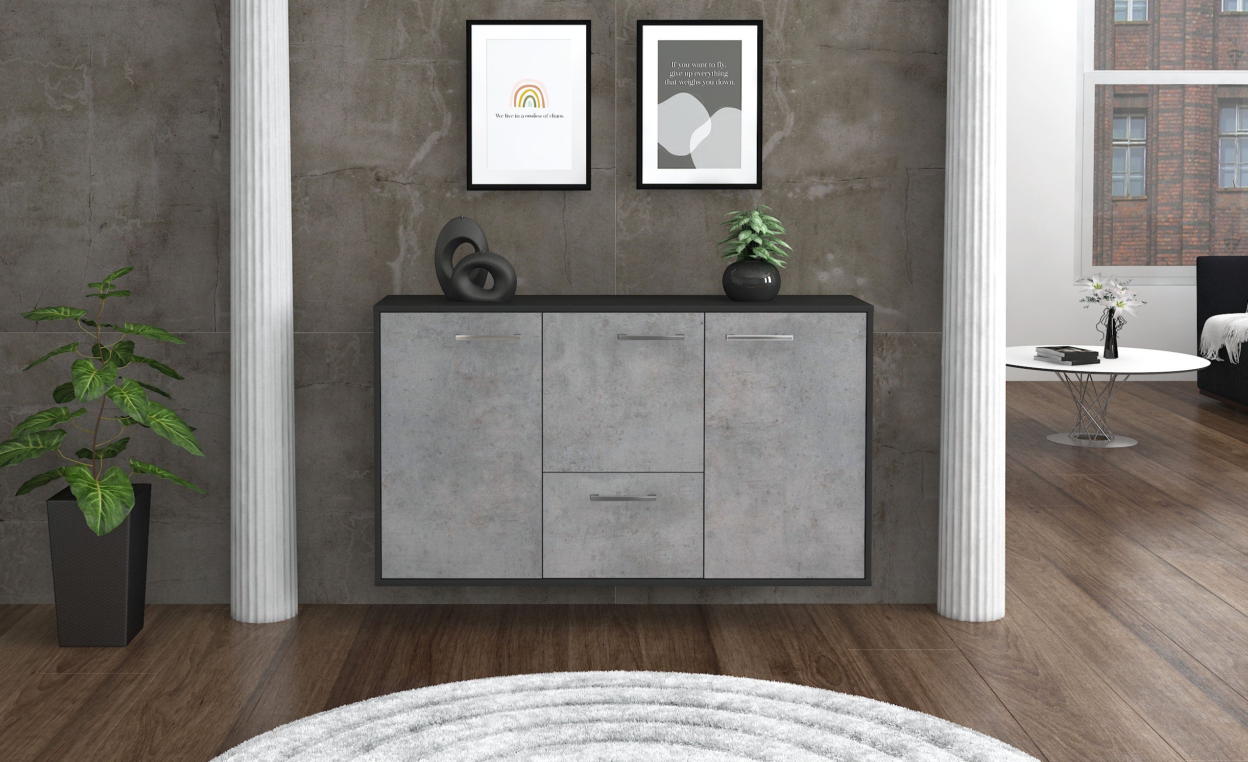 Sideboard - Diana - Design Industrie Stil - Wandmontage mit Griffe 136 cm Anthrazit