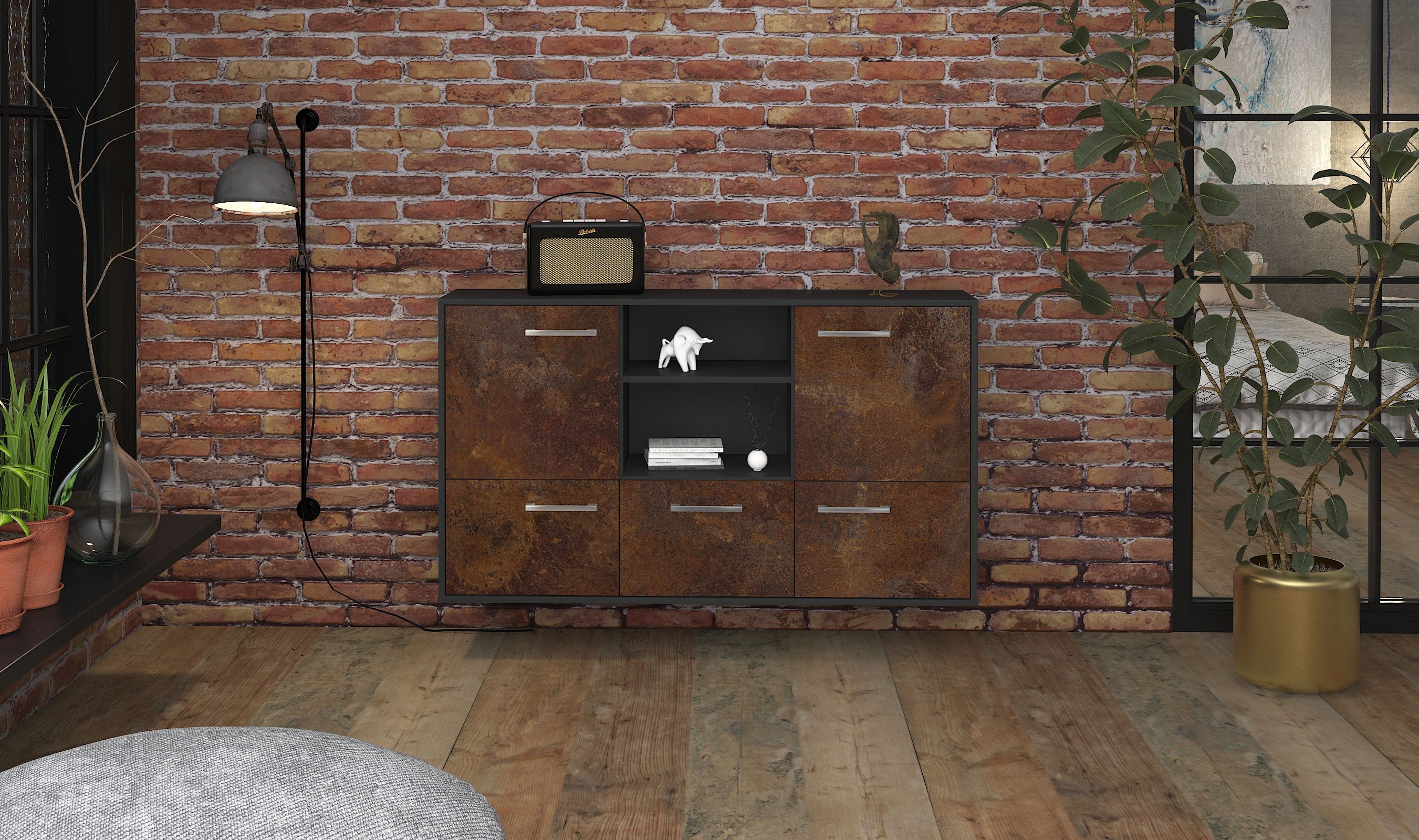 Sideboard - Diellza - Design Industrie Stil - Wandmontage mit Griffe 136 cm Anthrazit