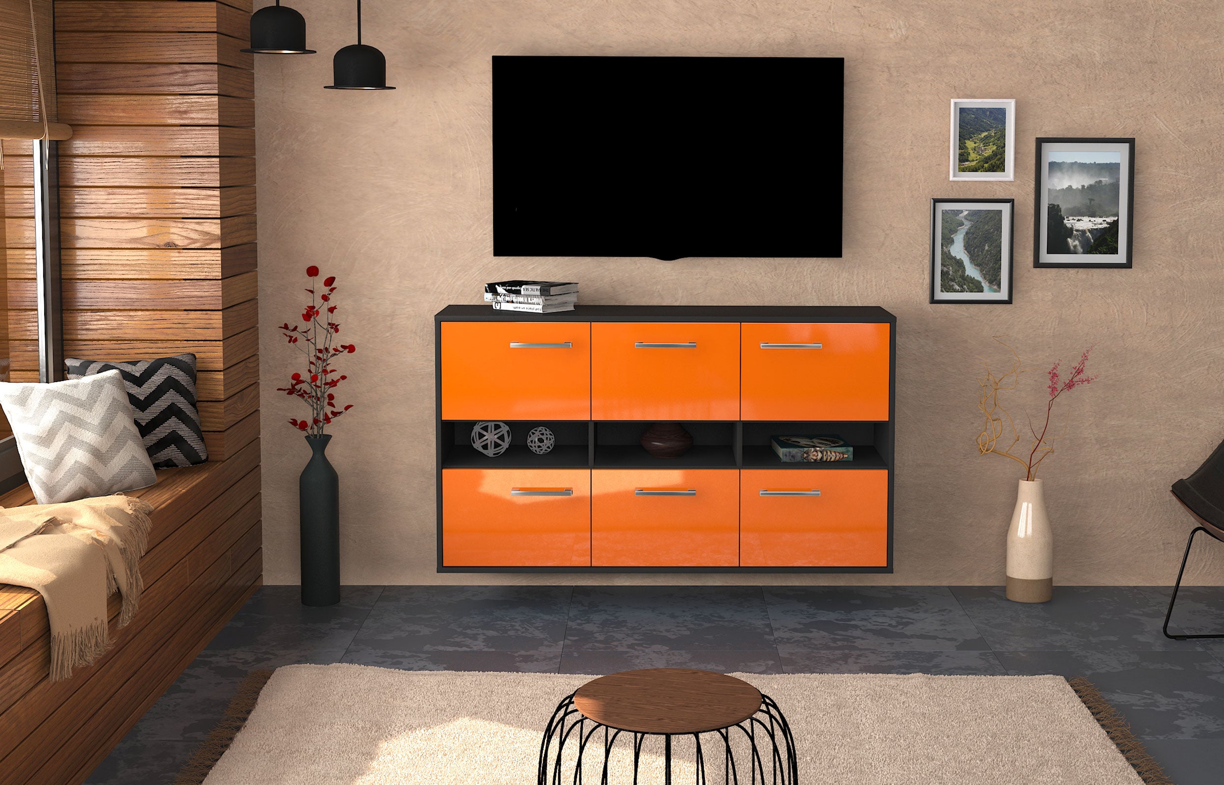 Sideboard - Diletta - Design Hochglanz - Wandmontage mit Griffe 136 cm Anthrazit