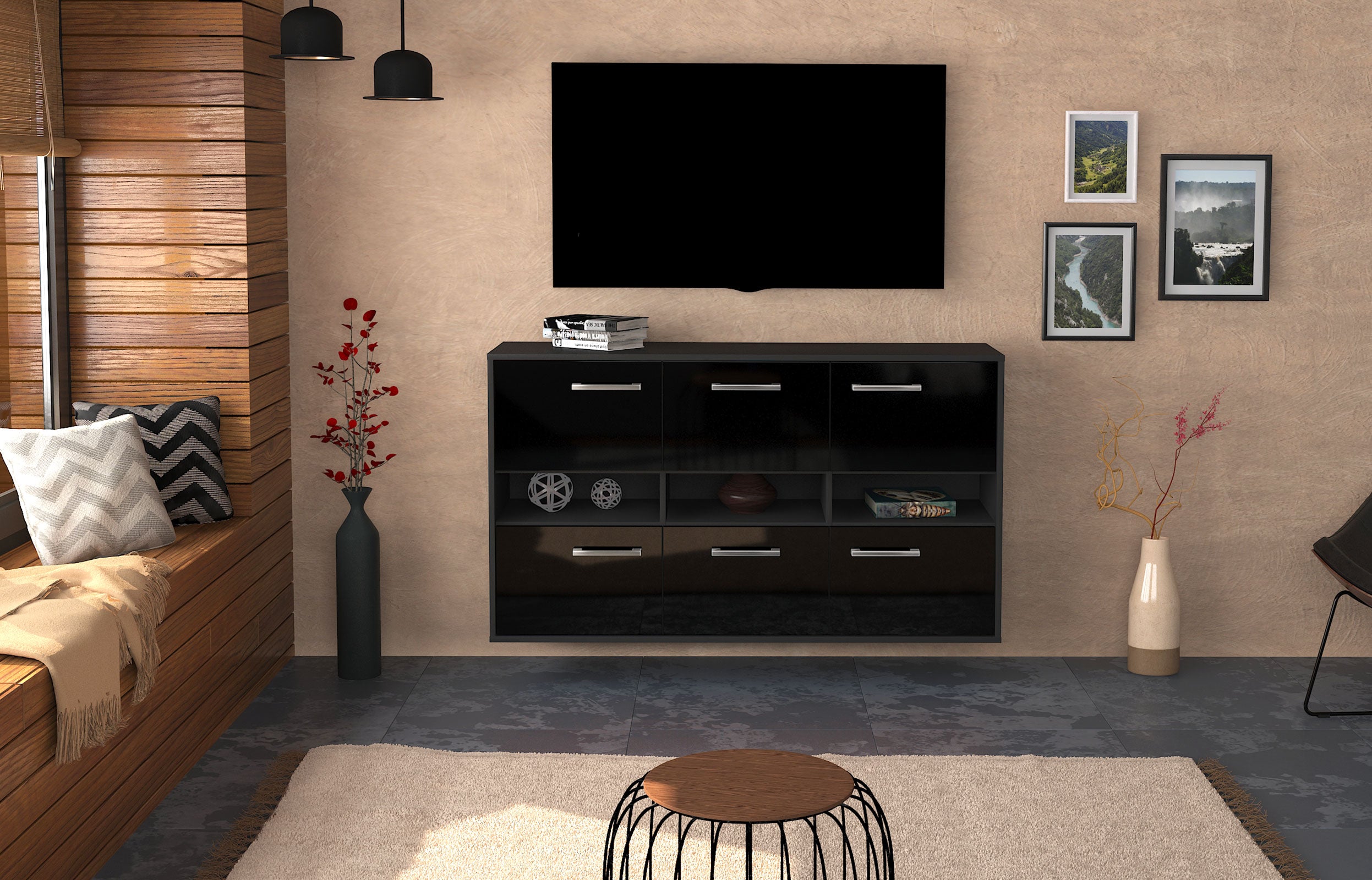 Sideboard - Diletta - Design Hochglanz - Wandmontage mit Griffe 136 cm Anthrazit