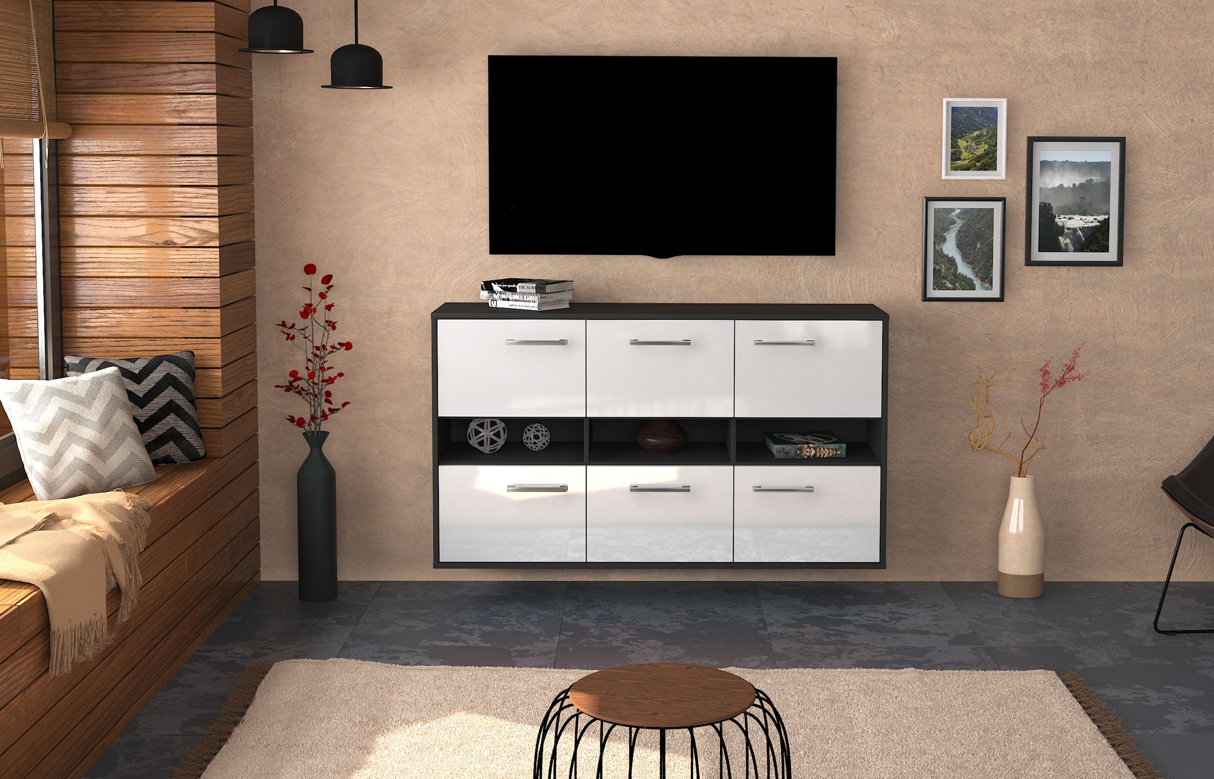 Sideboard - Diletta - Design Hochglanz - Wandmontage mit Griffe 136 cm Anthrazit