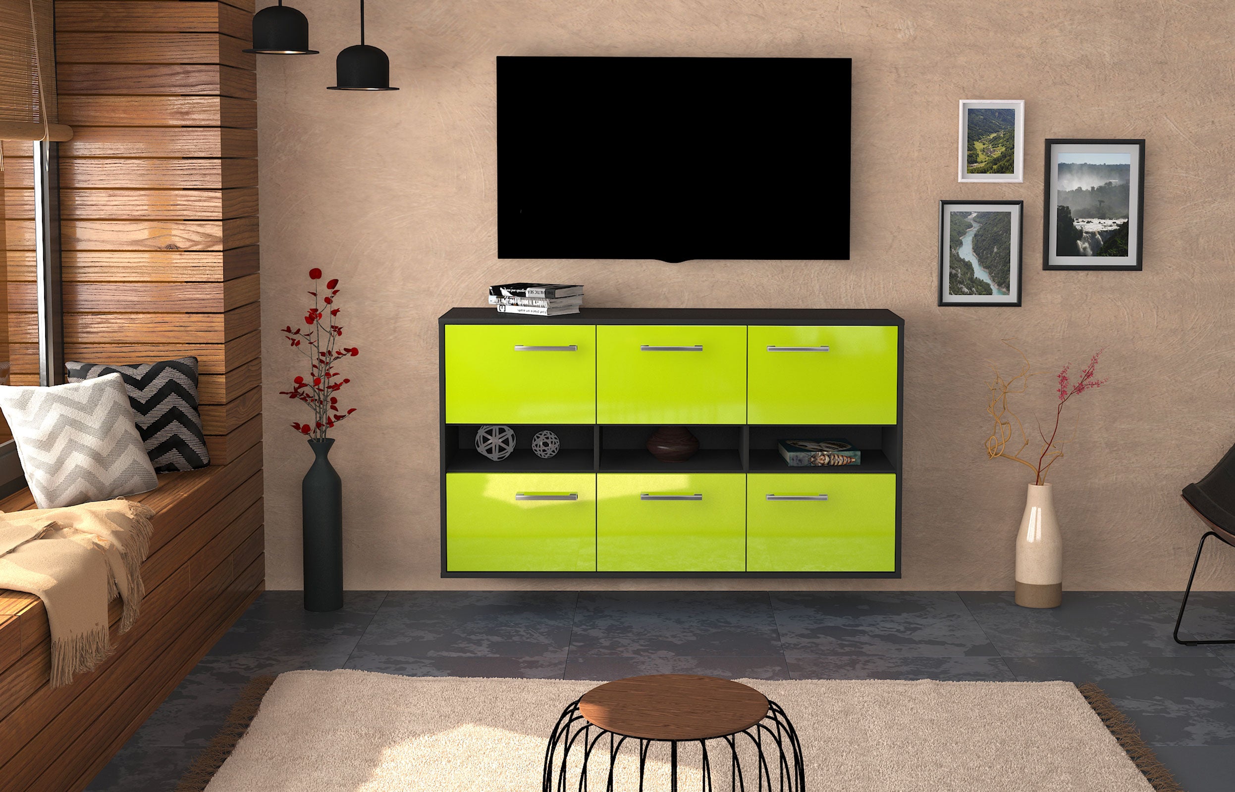 Sideboard - Diletta - Design Hochglanz - Wandmontage mit Griffe 136 cm Anthrazit