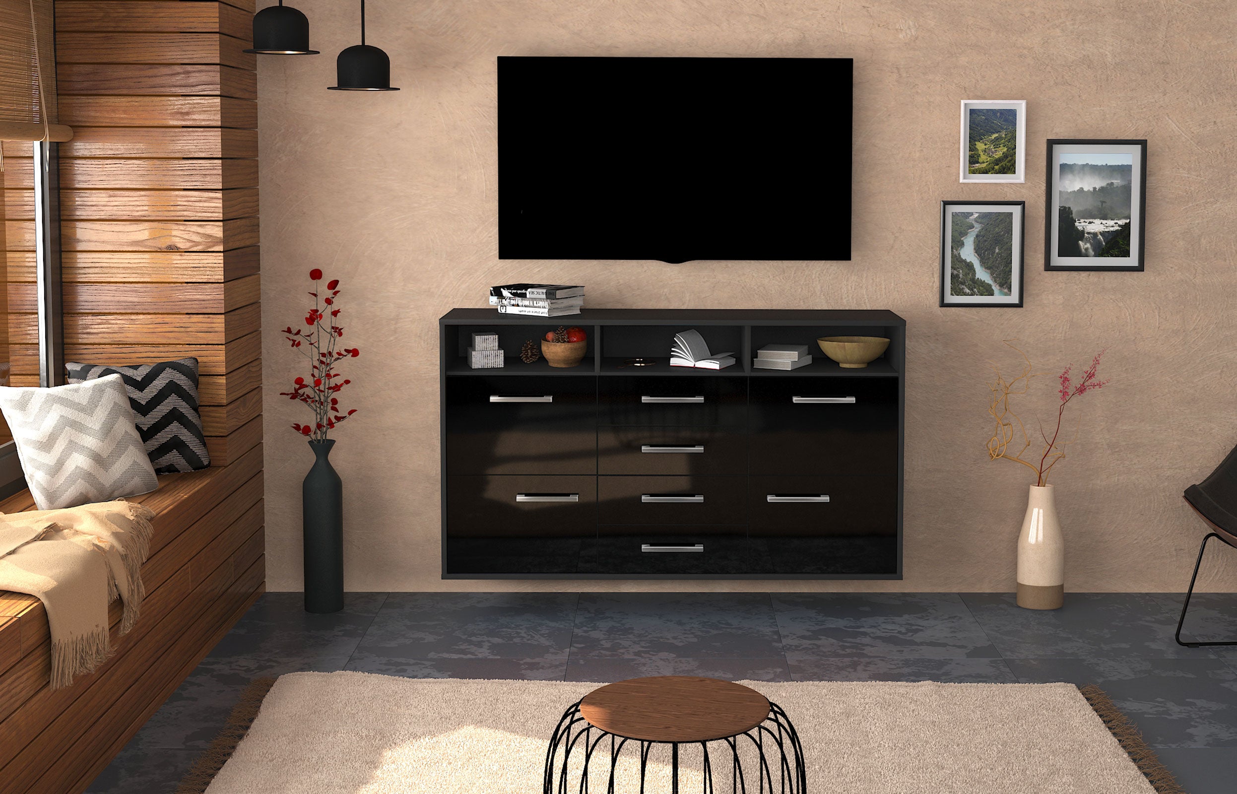 Sideboard - Donabella - Design Hochglanz - Wandmontage mit Griffe 136 cm Anthrazit