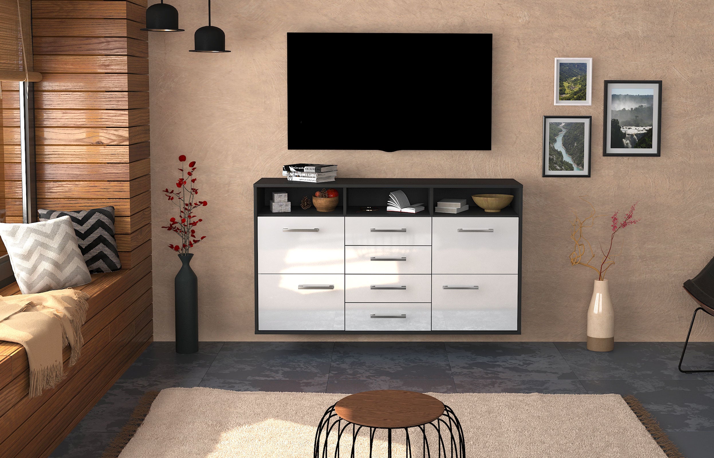 Sideboard - Donabella - Design Hochglanz - Wandmontage mit Griffe 136 cm Anthrazit