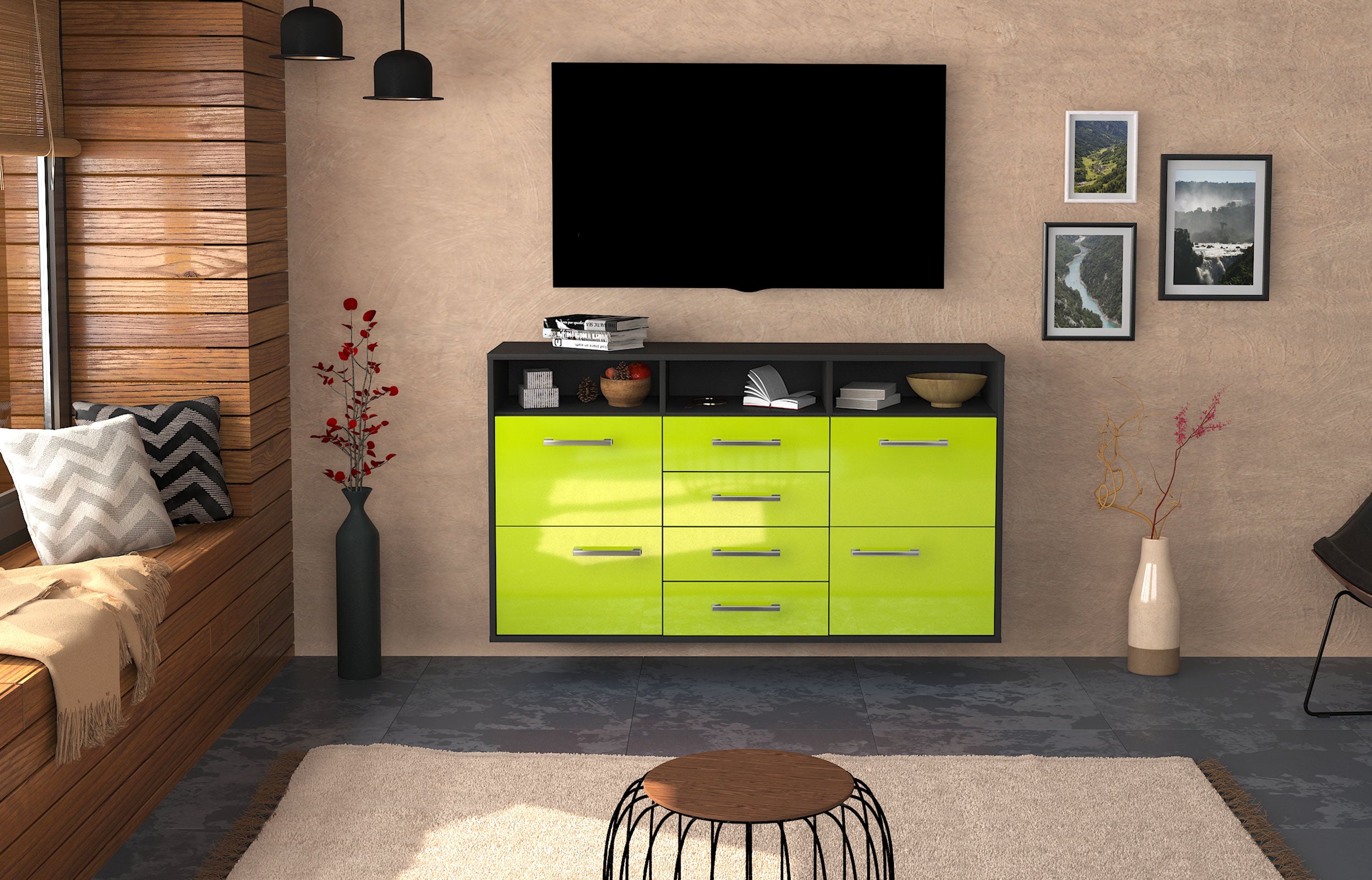 Sideboard - Donabella - Design Hochglanz - Wandmontage mit Griffe 136 cm Anthrazit