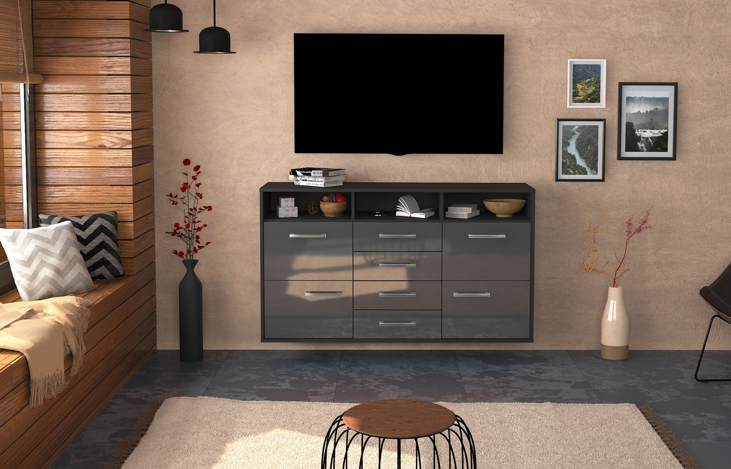Sideboard - Donabella - Design Hochglanz - Wandmontage mit Griffe 136 cm Anthrazit