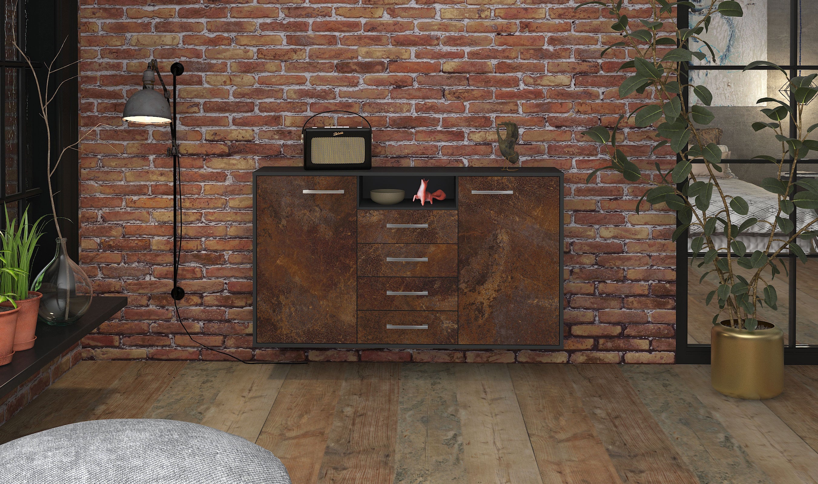 Sideboard - Donnice - Design Industrie Stil - Wandmontage mit Griffe 136 cm Anthrazit